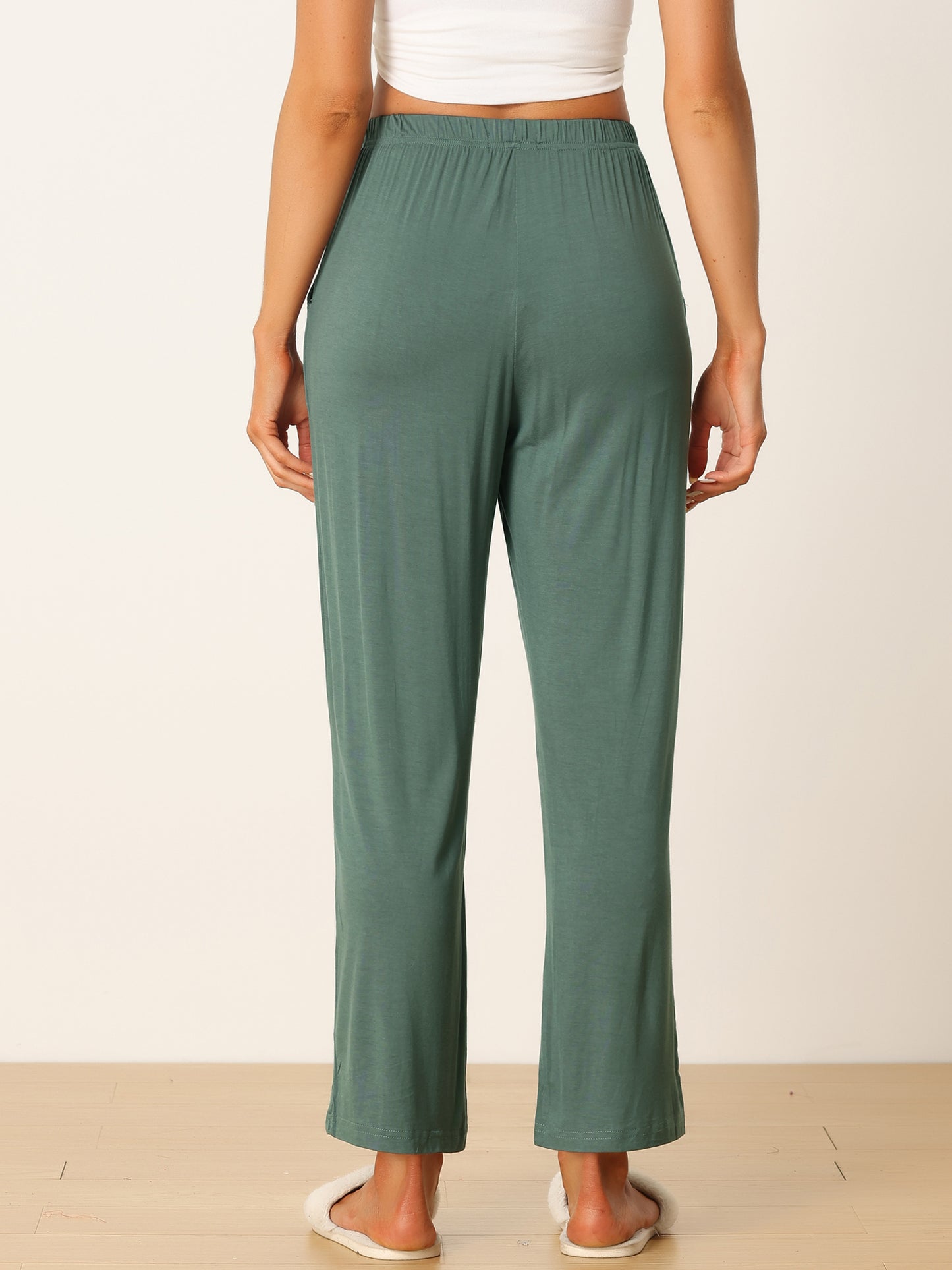 Women's Cotton Sleep Pants Elastic Waist Wide-Leg Straight Pants Sleepwear with Pockets