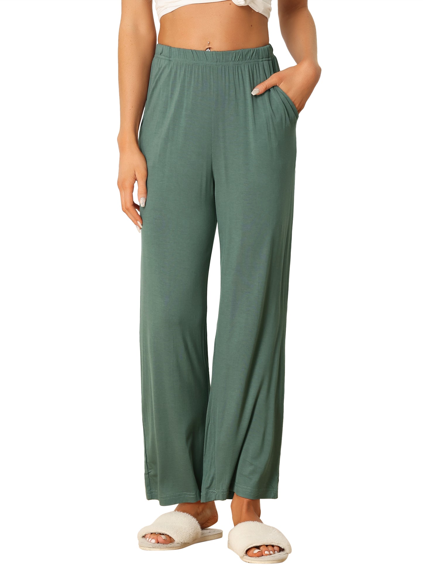 Women's Cotton Sleep Pants Elastic Waist Wide-Leg Straight Pants Sleepwear with Pockets