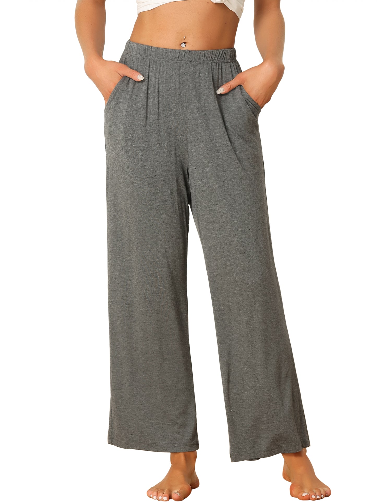 Women's Cotton Sleep Pants Elastic Waist Wide-Leg Straight Pants Sleepwear with Pockets