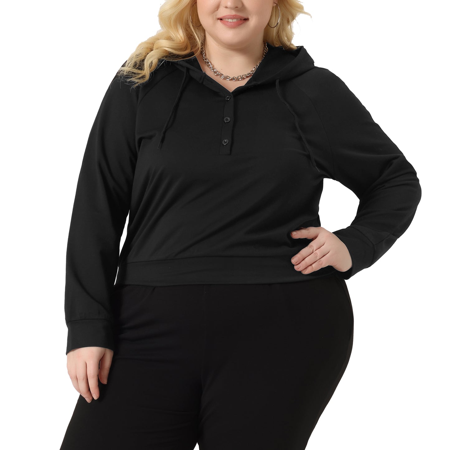 Women Plus Size Hoodies Button Collar Drawstring Hoodies Pullover Sweatshirts Top