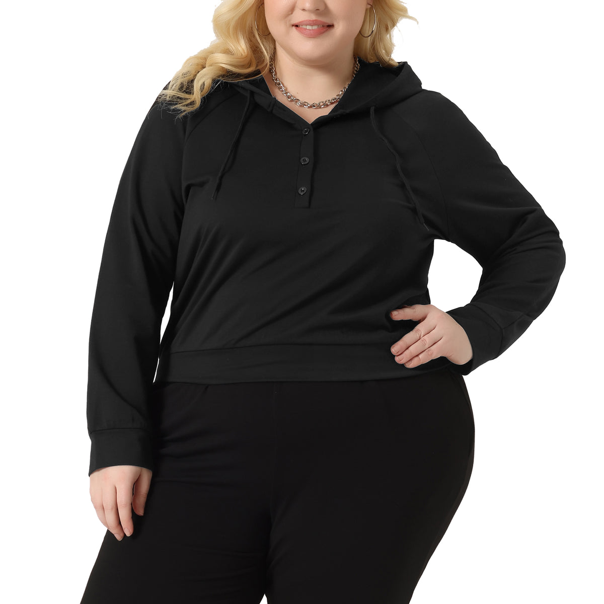 Women Plus Size Hoodies Button Collar Drawstring Hoodies Pullover Sweatshirts Top