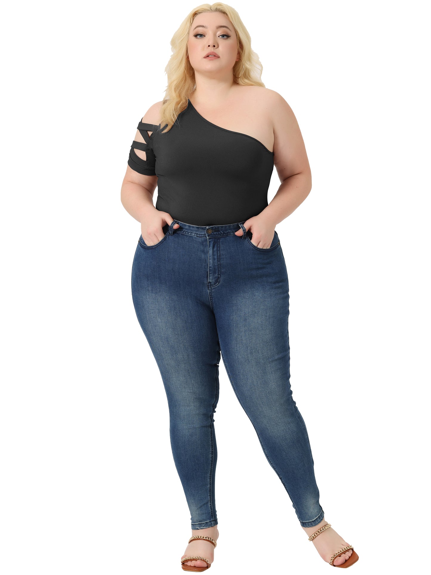 Body sexy de talla grande para mujer, sin mangas, con hombros descubiertos, mono, top