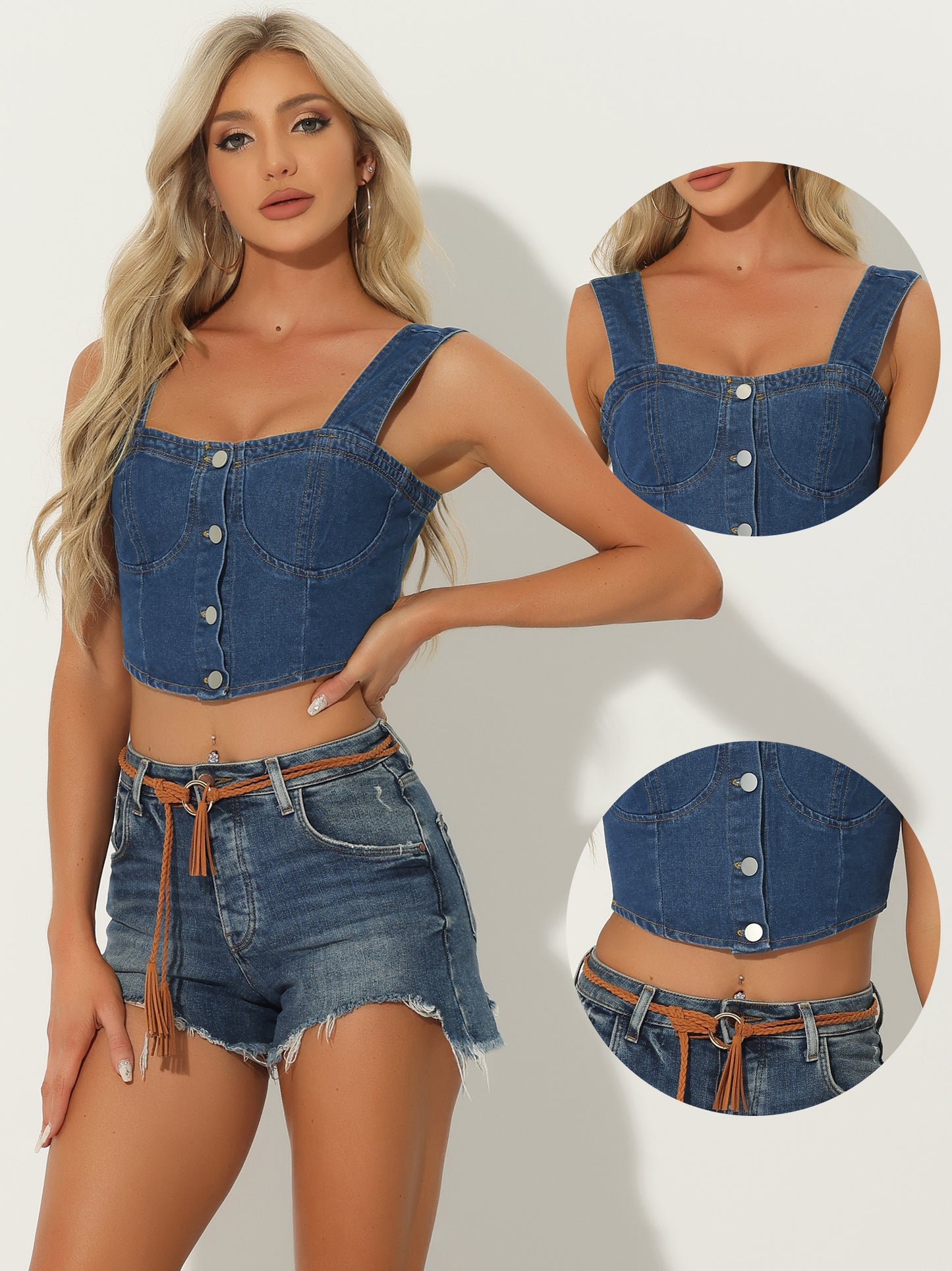Women's Denim Corset Tops Button Down Sleeveless Bustier Jean Crop Tank Top