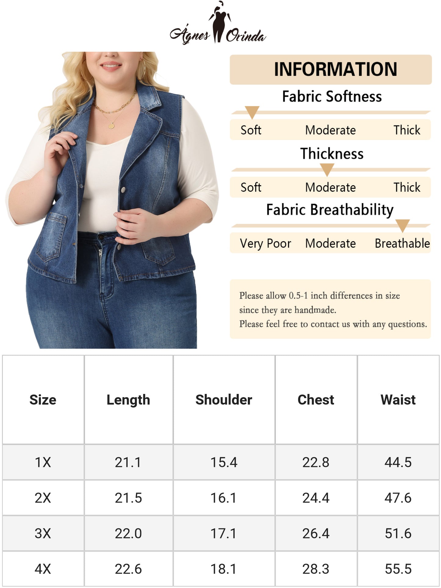Women Plus Size Denim Vest Lapel Sleeveless Button Down Classic Jean Jacket Vest