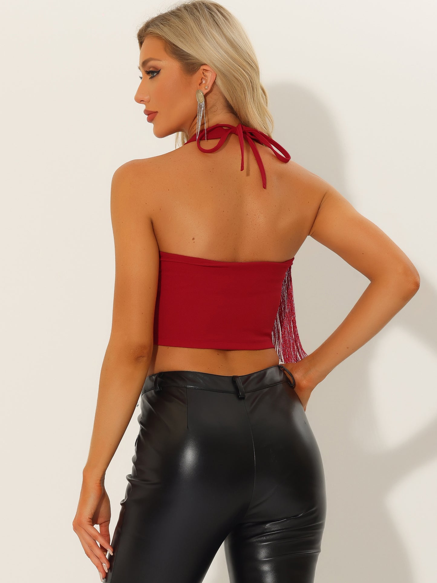 Women's Crop Tops Fringe Trim Glitter Sleeveless Tie Halter Neck Sparkly Party Corset Top