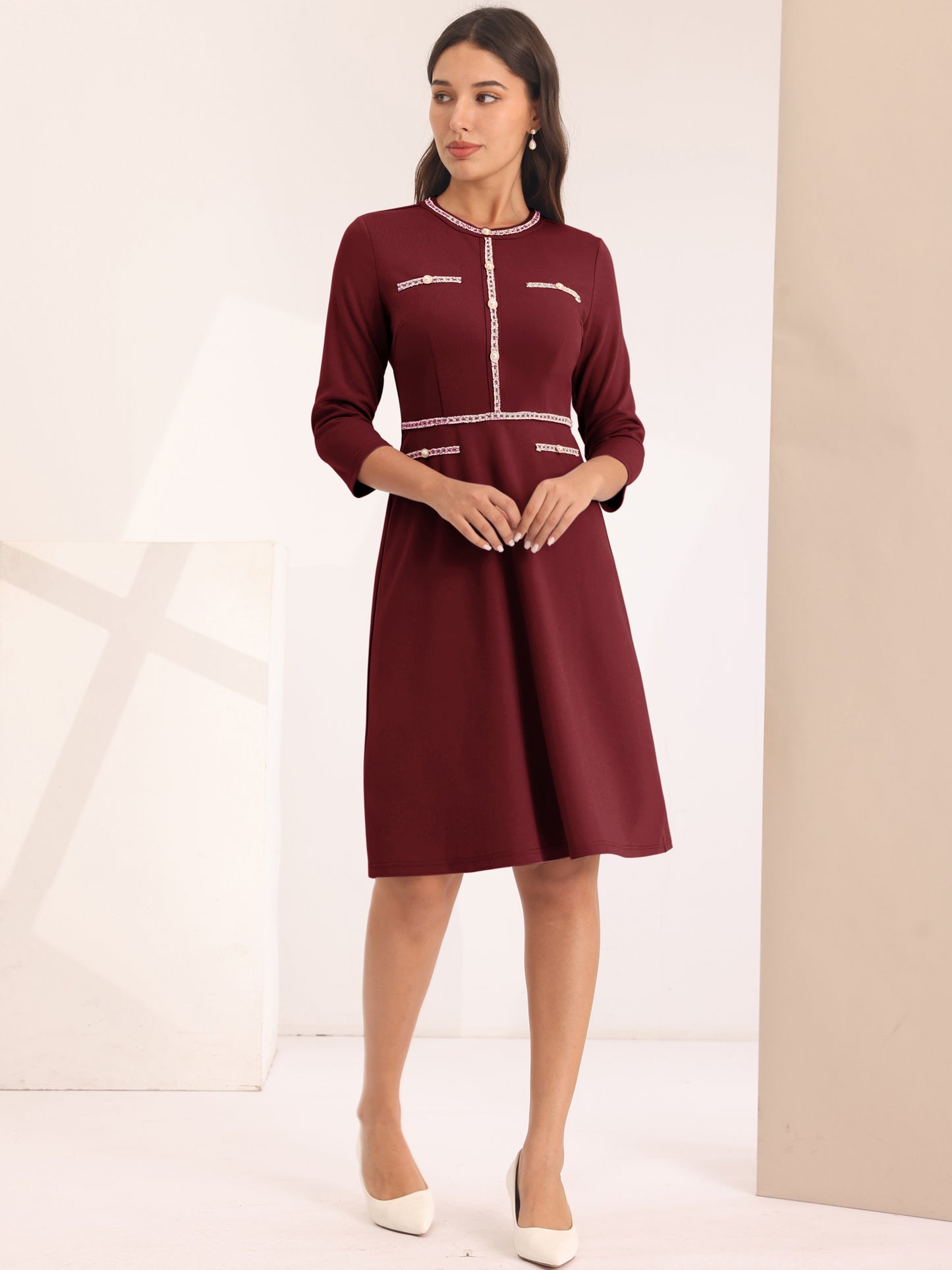 Women's 3/4 Sleeve Elegant A-Line Office Tweed Formal Dresses