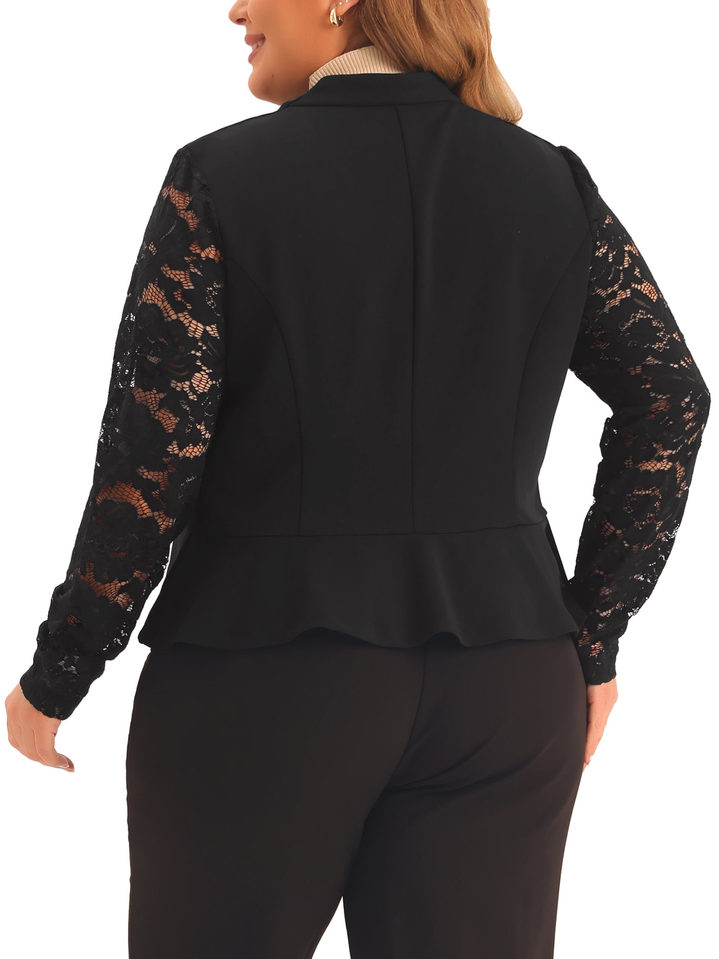 Chaqueta tipo bolero tipo blazer para mujer, de talla grande, con manga larga y encaje, con abertura frontal.