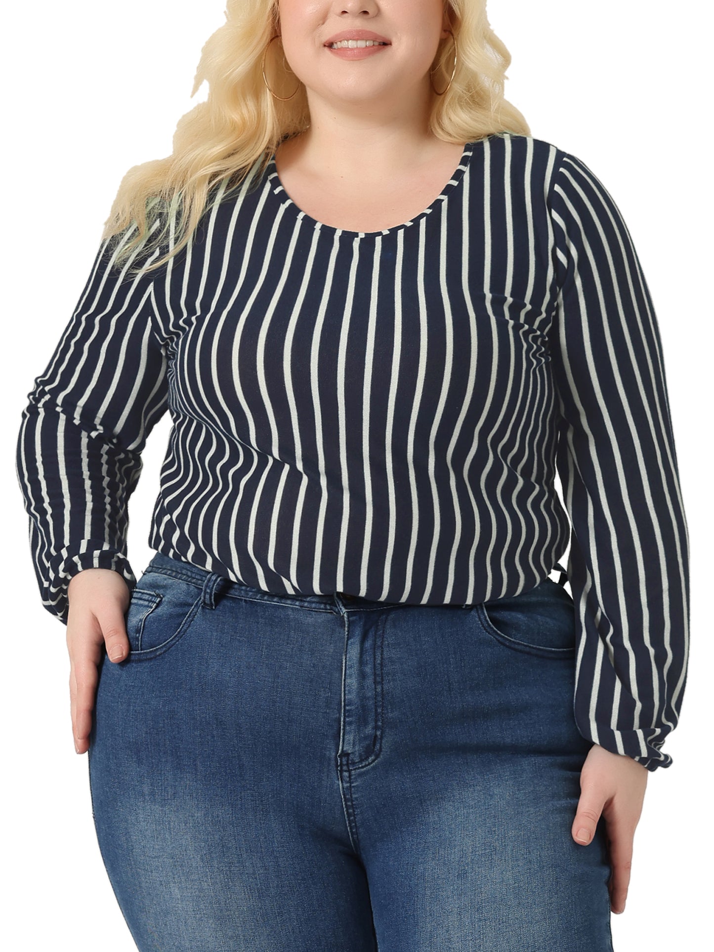 Women Plus Size Boho Color Block Elastic Cuff Long Sleeve Striped Top