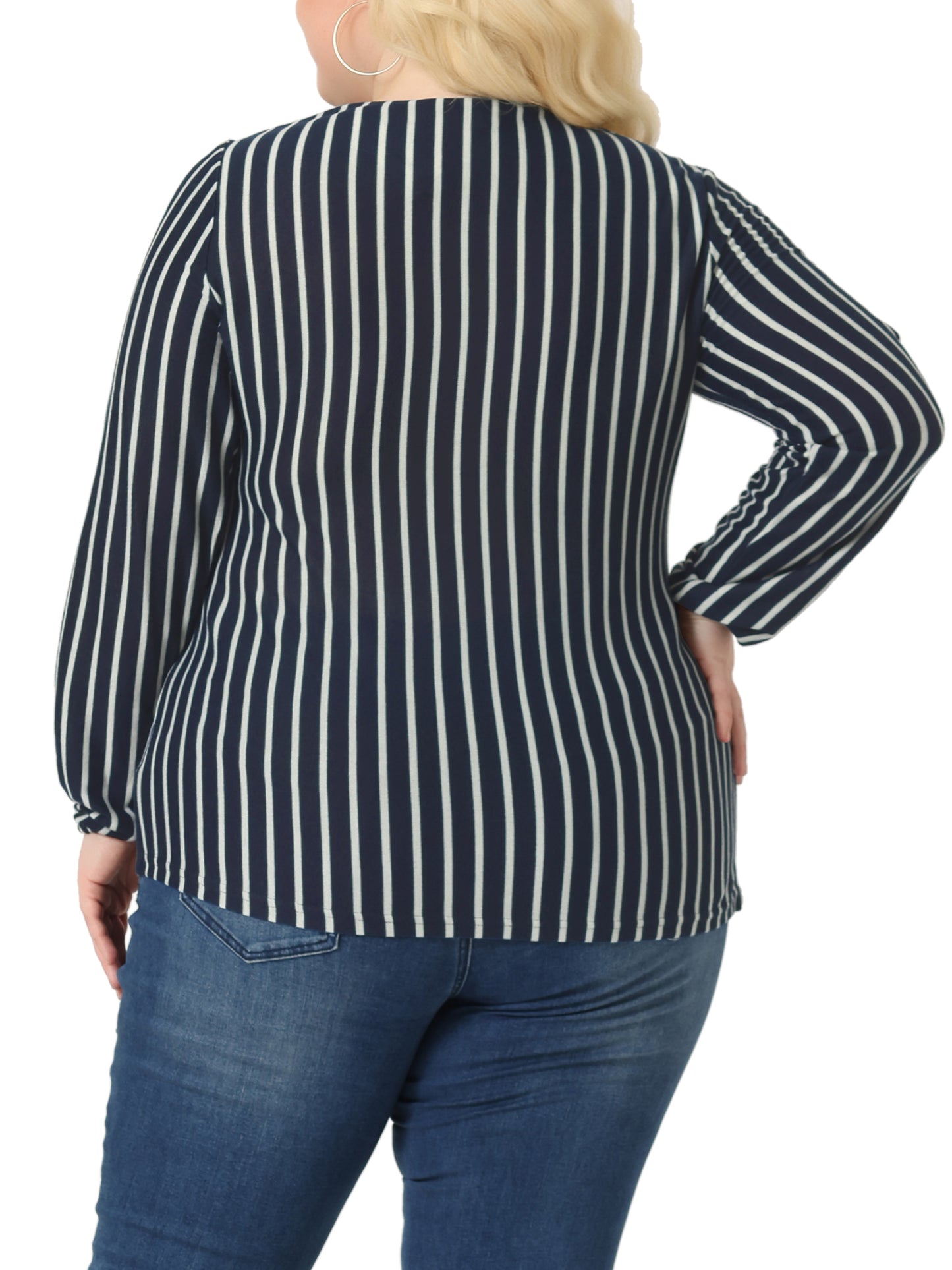 Women Plus Size Boho Color Block Elastic Cuff Long Sleeve Striped Top