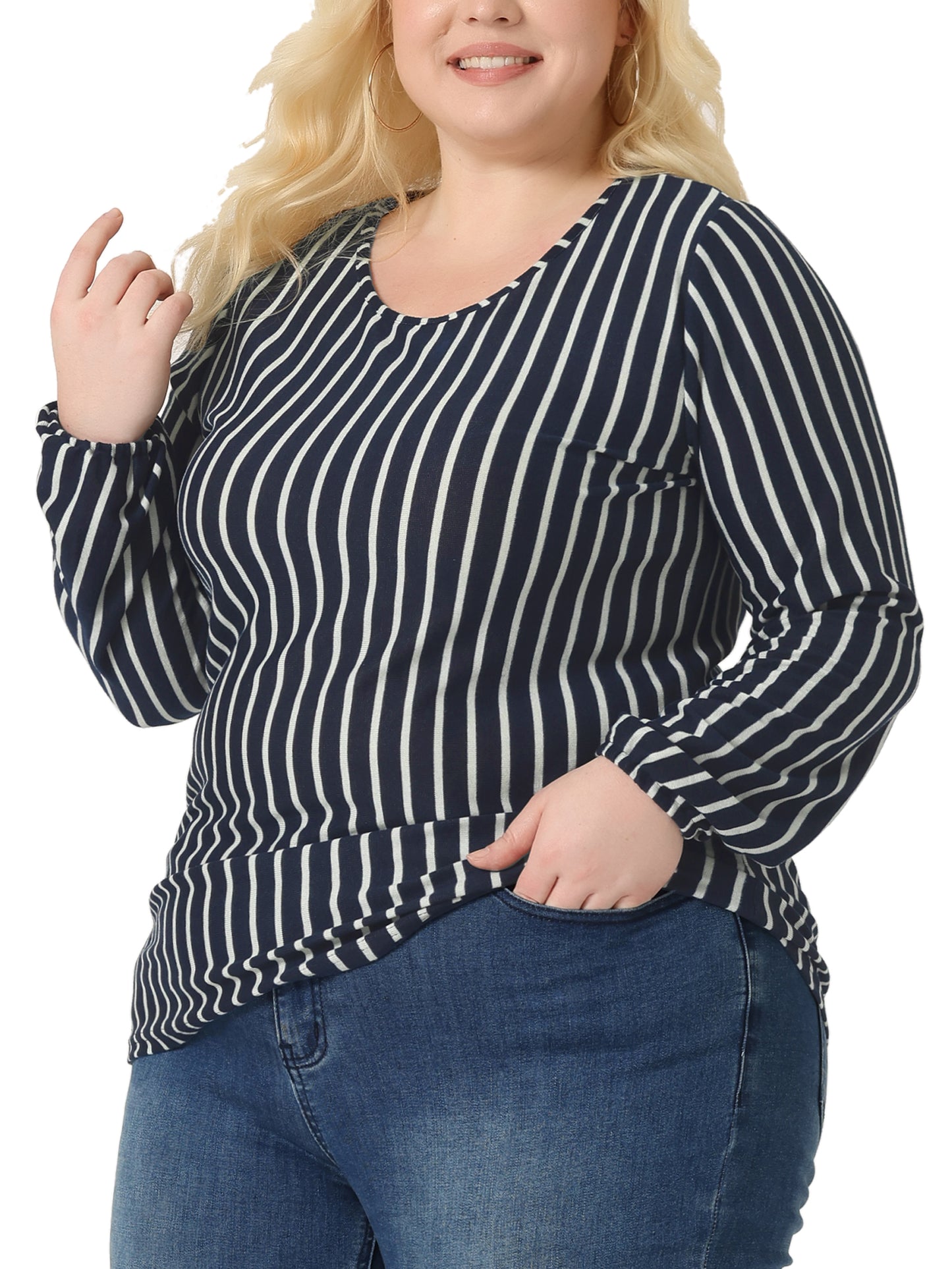 Women Plus Size Boho Color Block Elastic Cuff Long Sleeve Striped Top