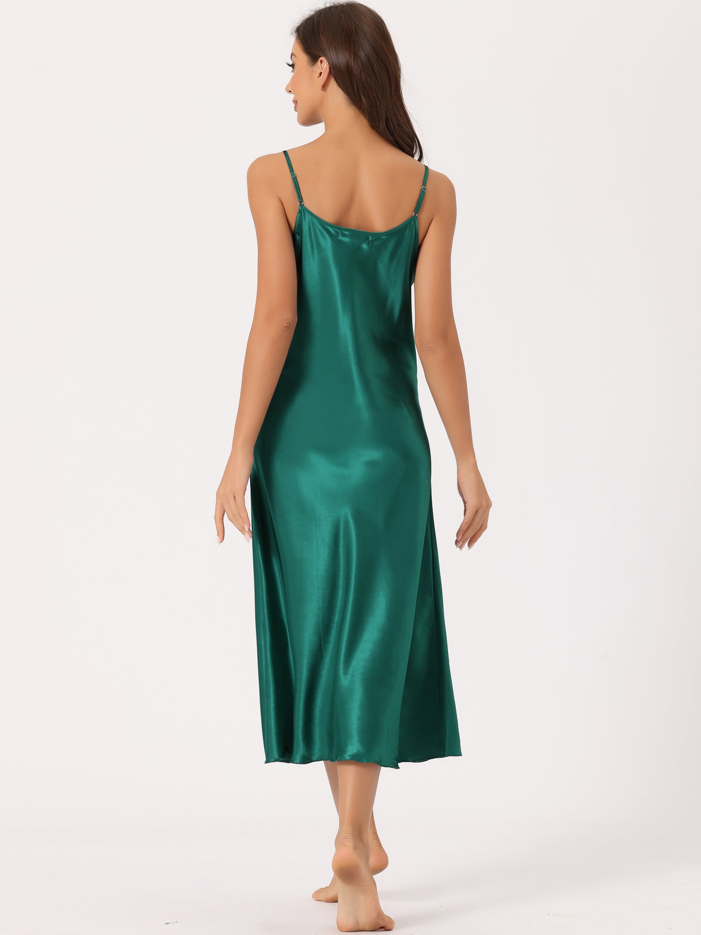 Women's Satin Pajama Dress Camisole Midi Nightdress V-Neck Sleeveless Lounge Silky Long Nightgown