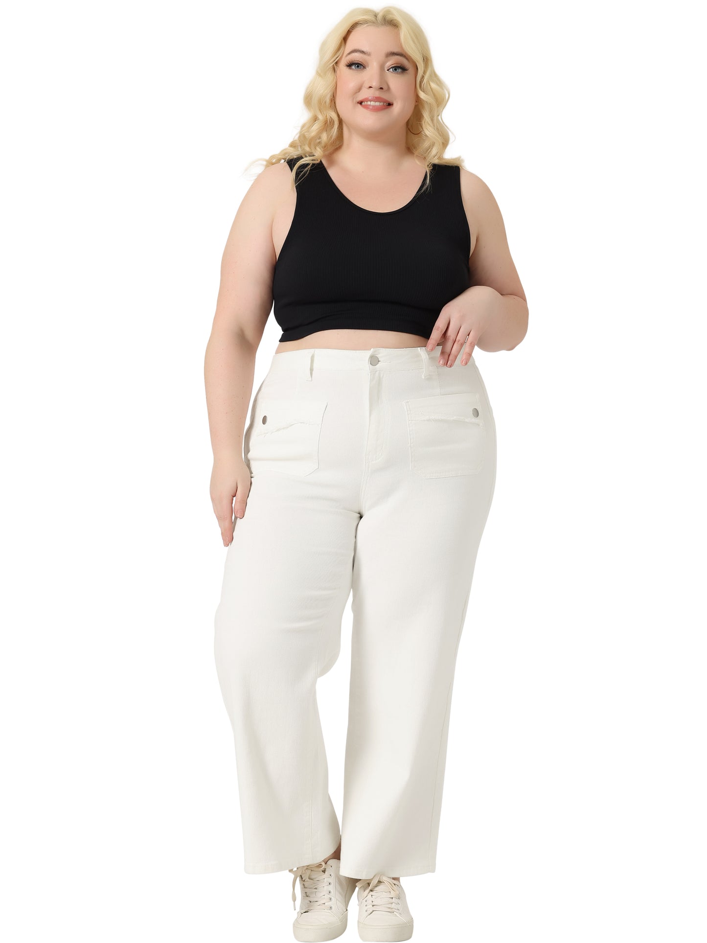 Women Plus Size Jeans Wide Leg Washed Stretch With Pockets Palazzo Denim Jeans