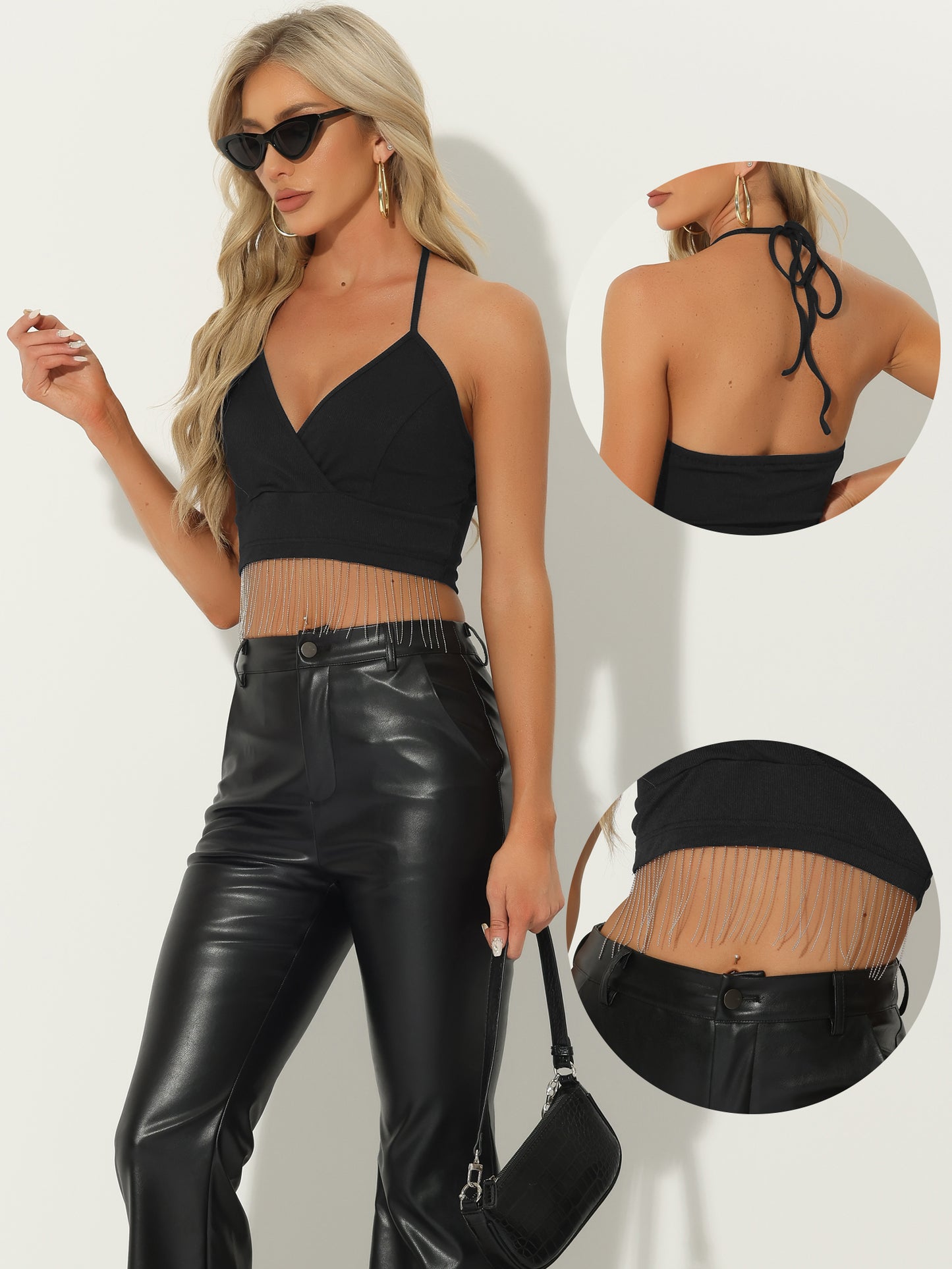 Women's Rhinestone Fringe Crop Tops Sleeveless Tie Halter Neck Party Cropped Cami Tops