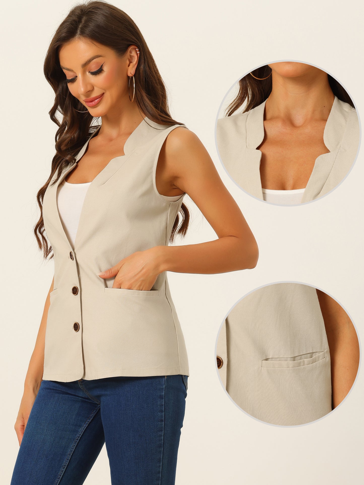 Women's Casual V Neck Button Down Cotton Linen Vest