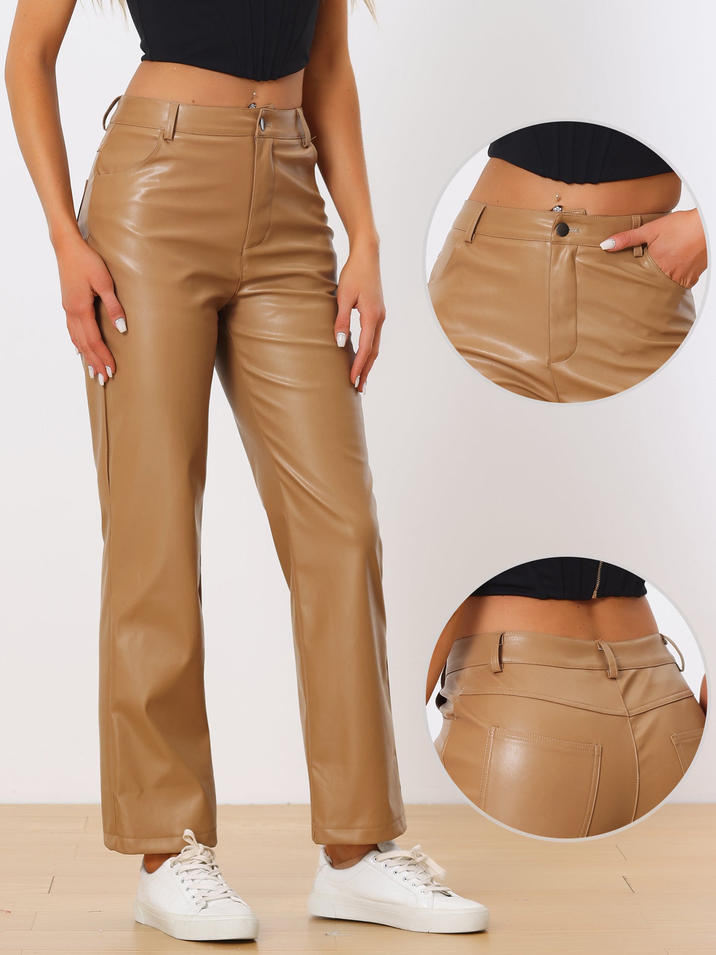 Women's High Waist Straight Leg Punk PU Trousers Faux Leather Pants