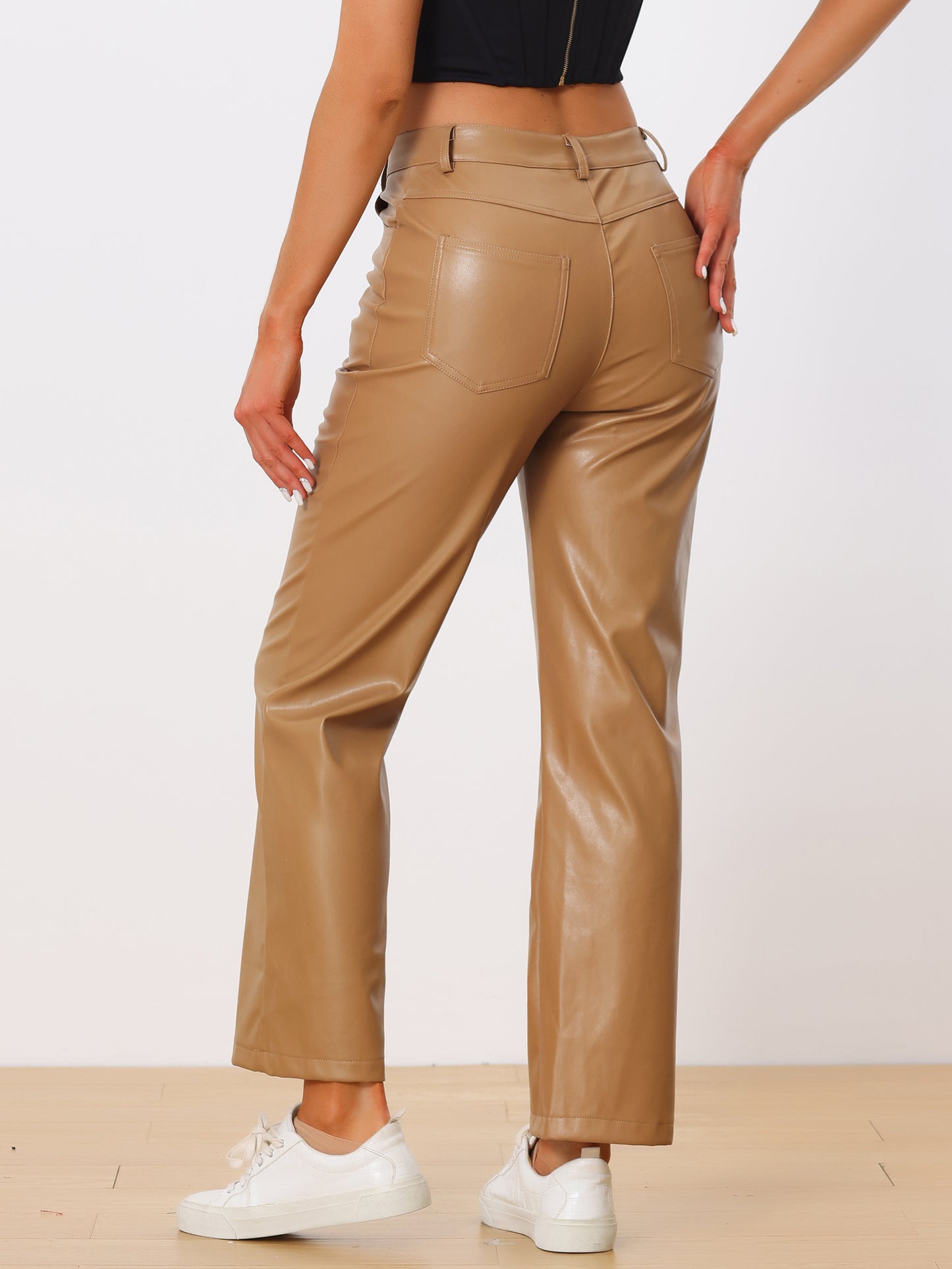 Women's High Waist Straight Leg Punk PU Trousers Faux Leather Pants