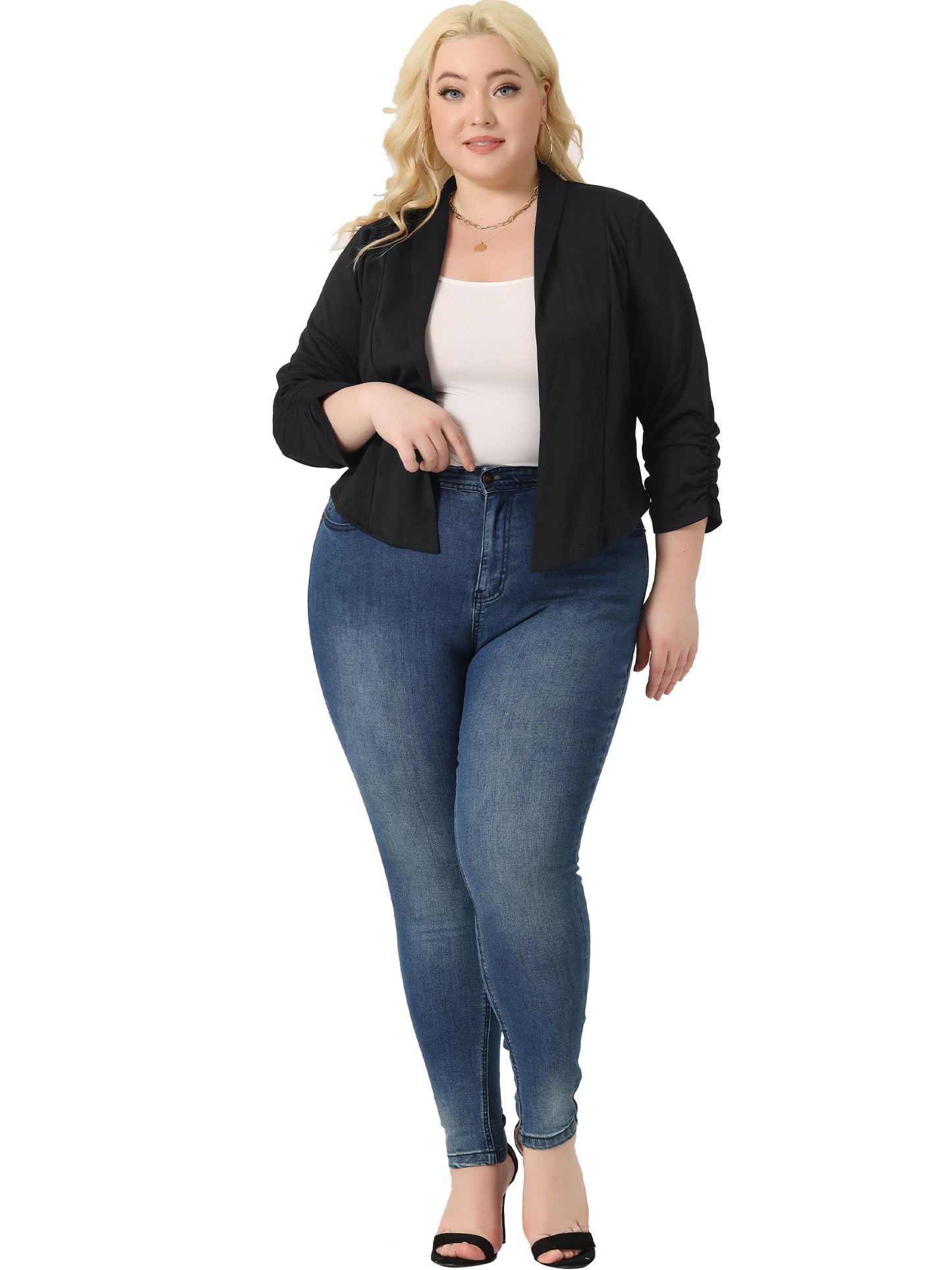 Women's Plus Size 3/4 Ruched Sleeve Lightweight Work Office Blazer Jacket