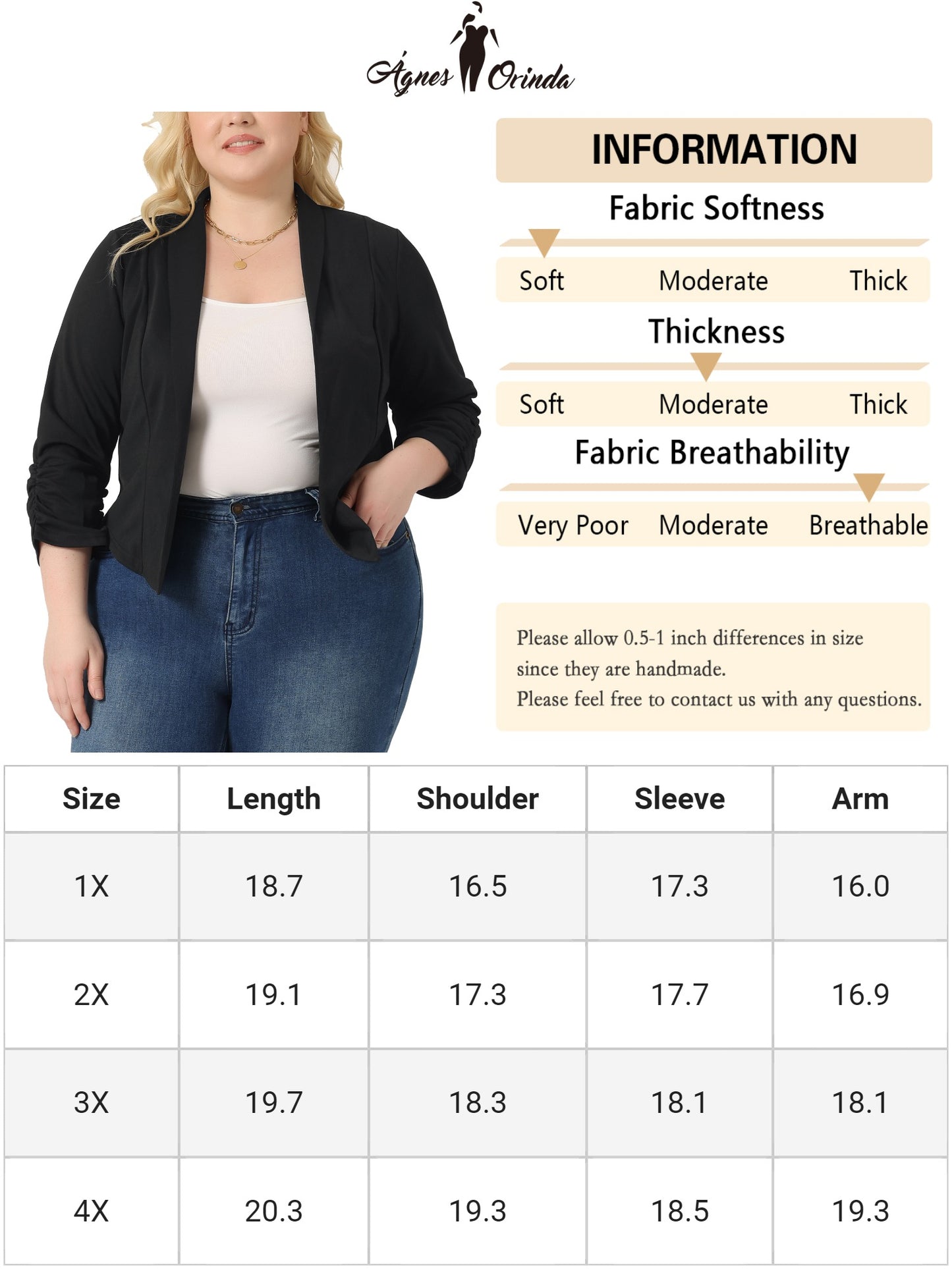 Women's Plus Size 3/4 Ruched Sleeve Lightweight Work Office Blazer Jacket