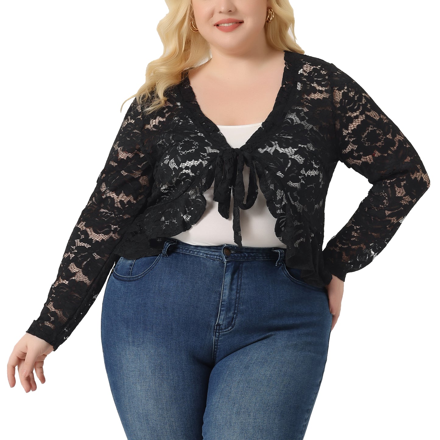 Women Plus Size Sheer Lace Tie Front Shrug Bolero Crop Summer Cardigan