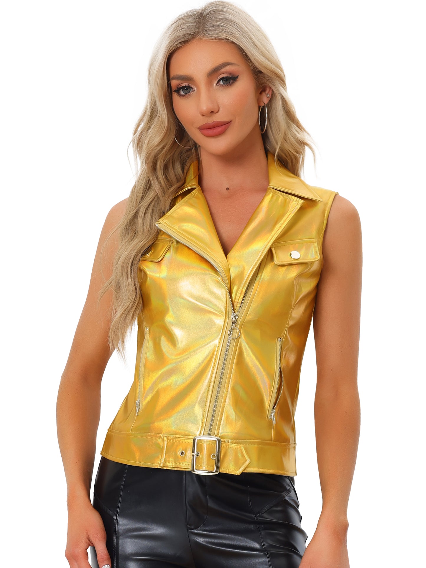Women Zip Up Moto Biker Sleeveless Metallic Holographic Shiny Vest