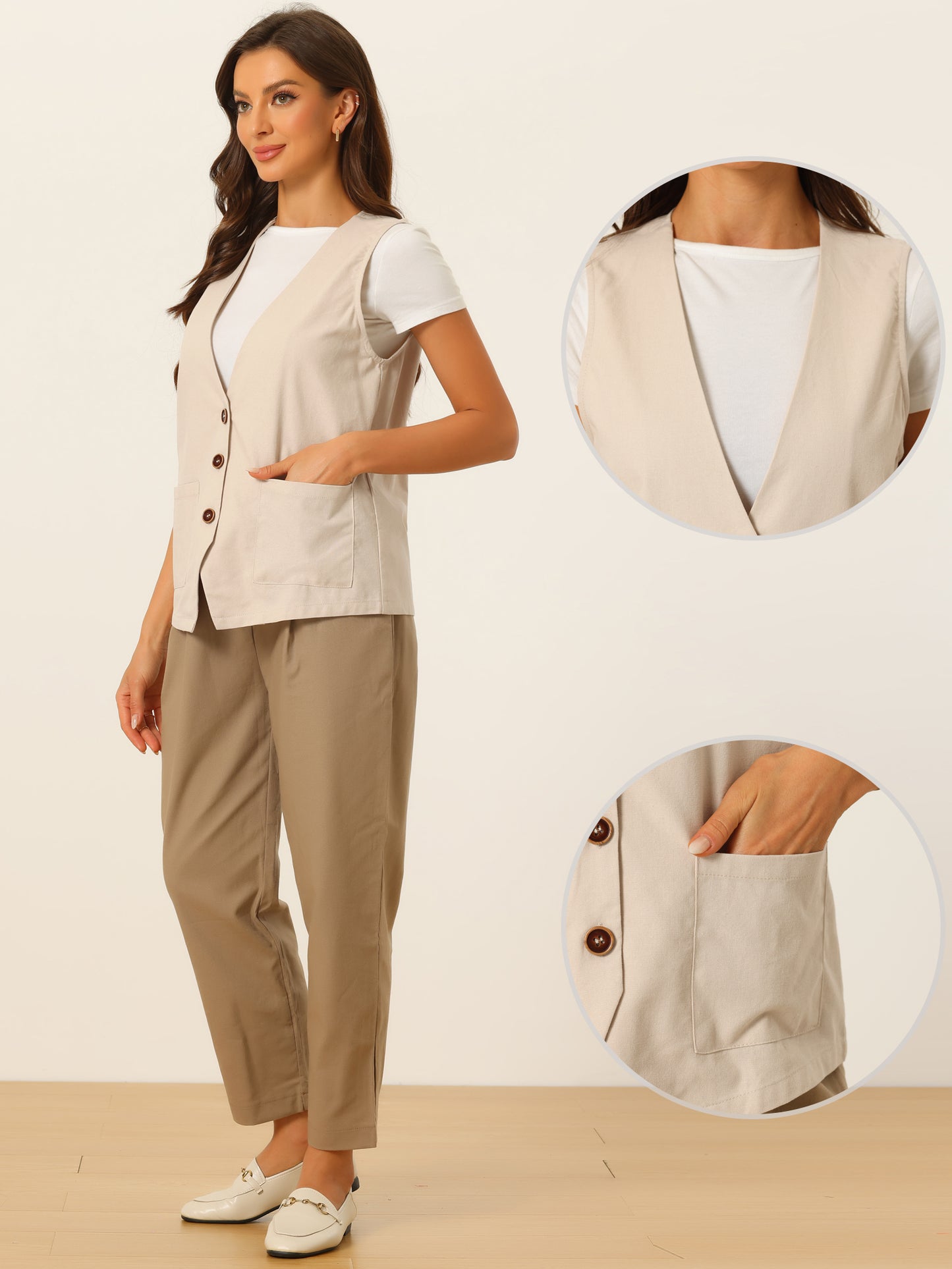 Women Linen V Neck Summer Button Down Vest