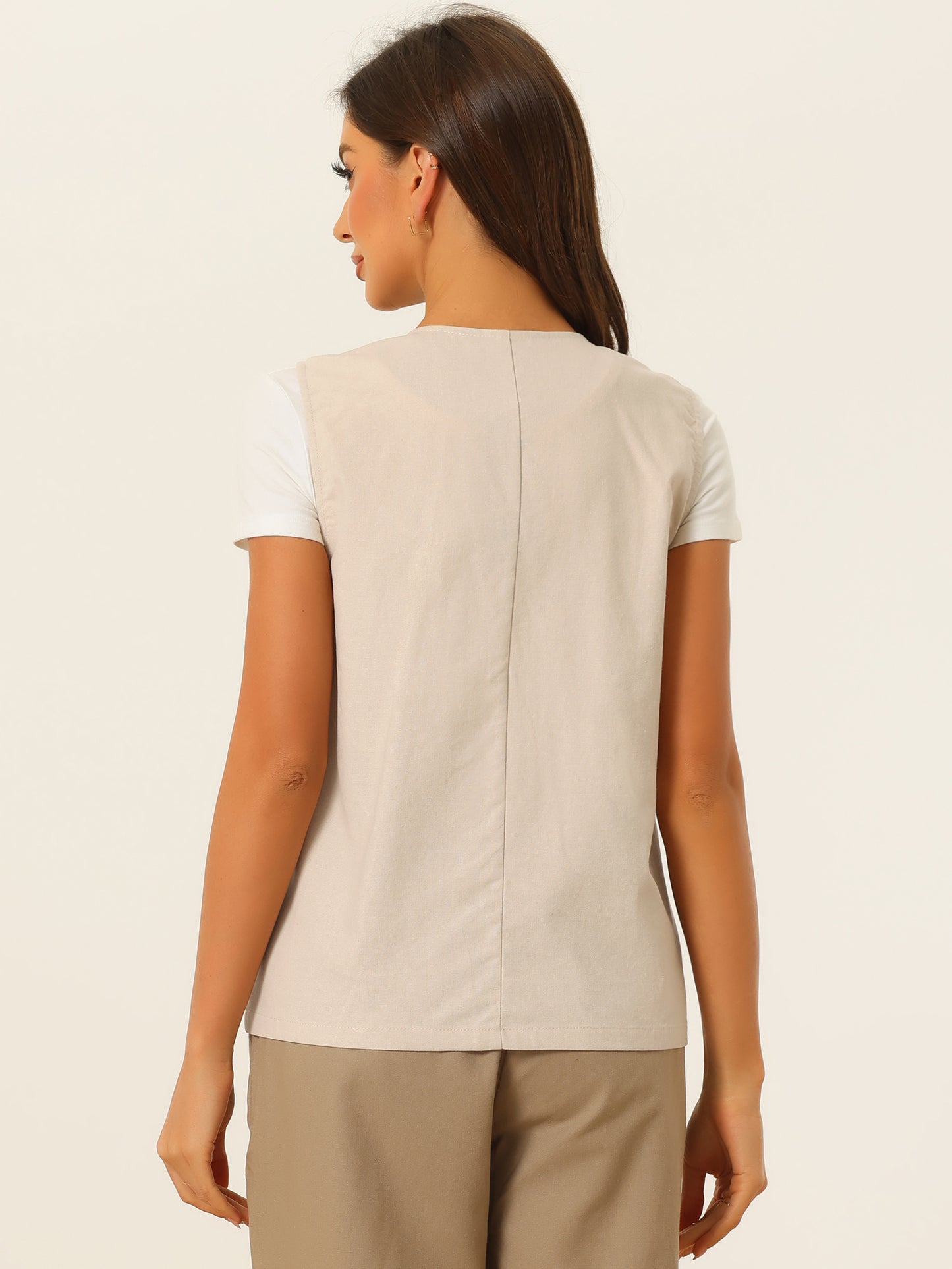 Women Linen V Neck Summer Button Down Vest