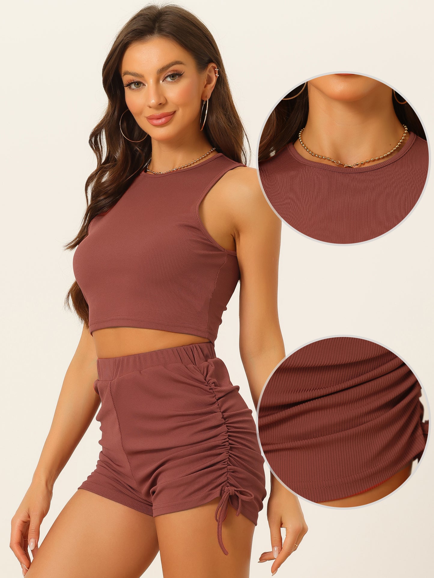 Women's 2 Piece Summer Workout Ribbed Tank Crop Top Elastic Waist Ruched Shorts Set