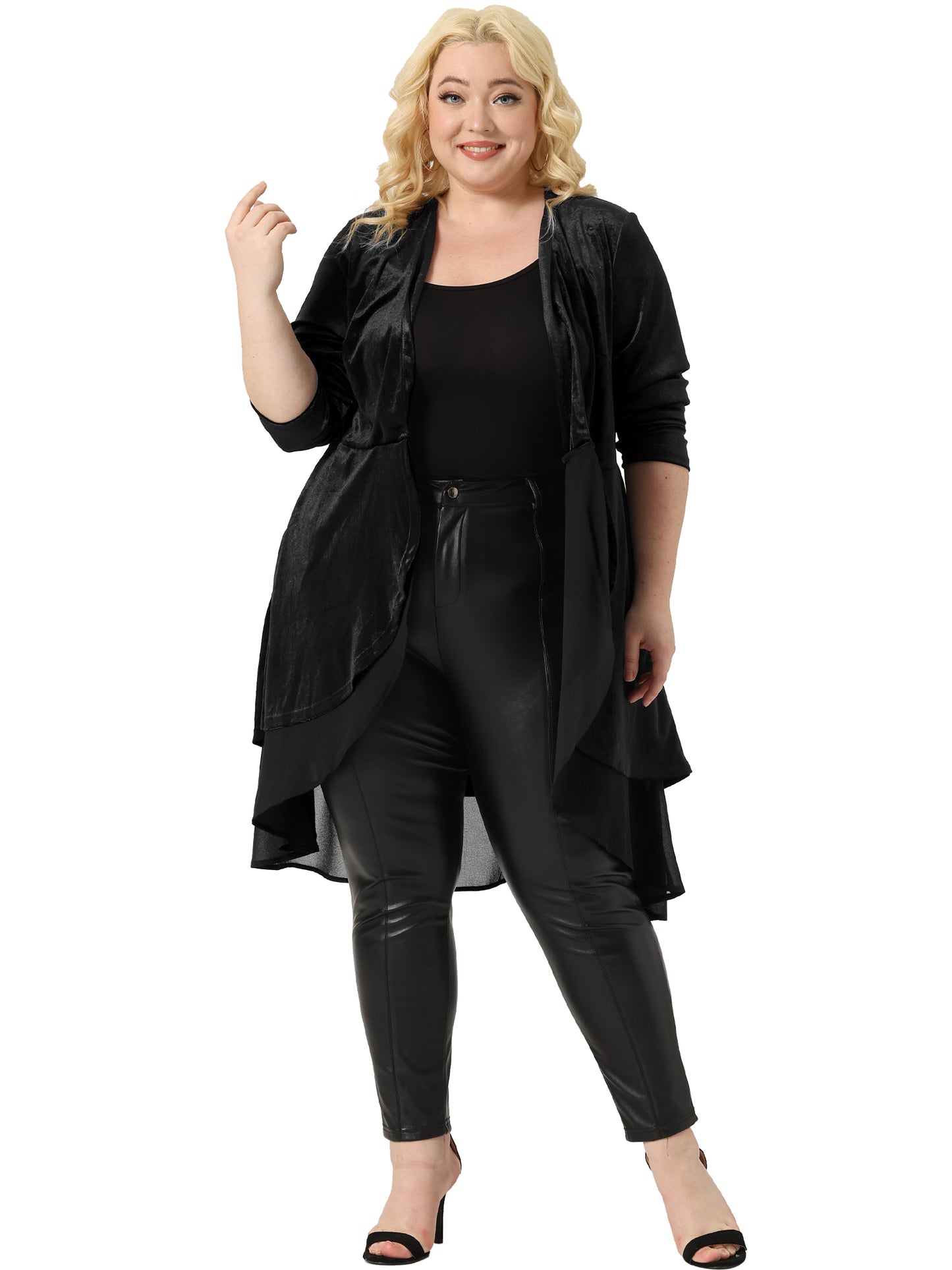 Women Plus Size Cardigan Ruffled Asymmetric Open Front Long Velvet Jacket