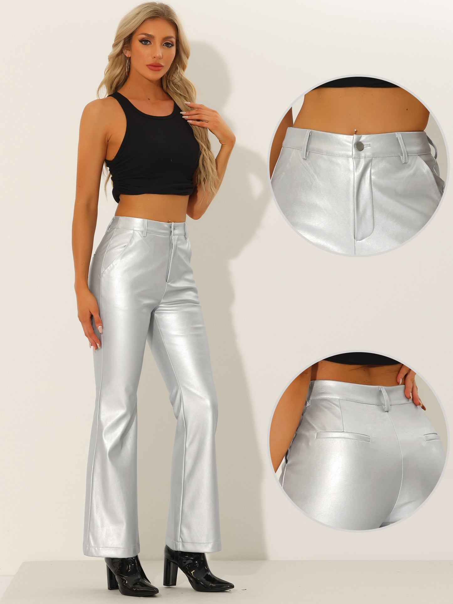 Women's Faux Leather Casual Pants High Waist Bell Bottom Flared Long PU Trousers