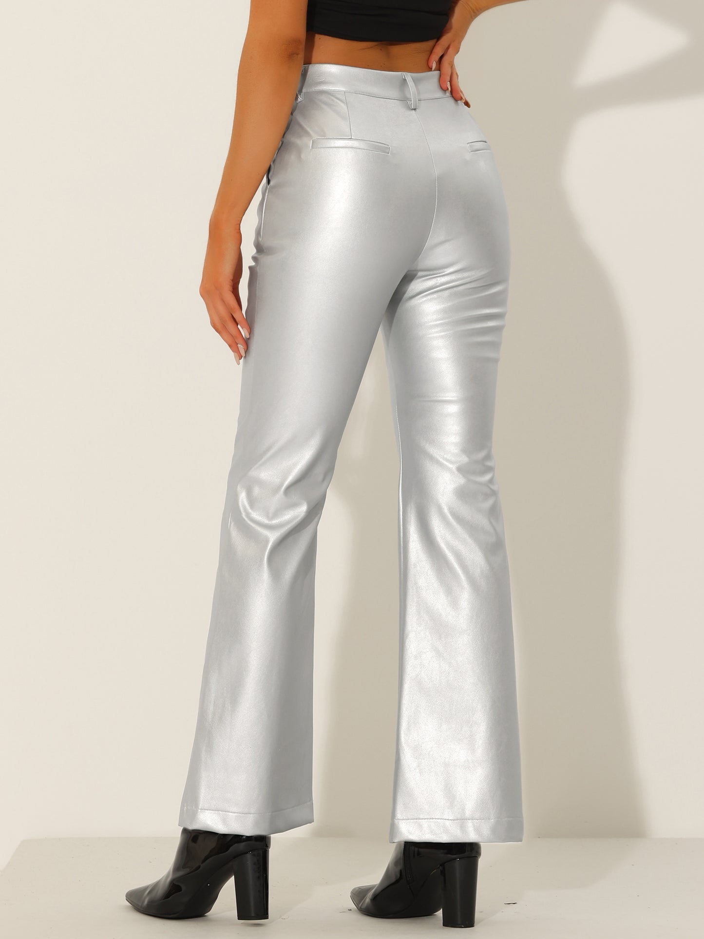 Women's Faux Leather Casual Pants High Waist Bell Bottom Flared Long PU Trousers