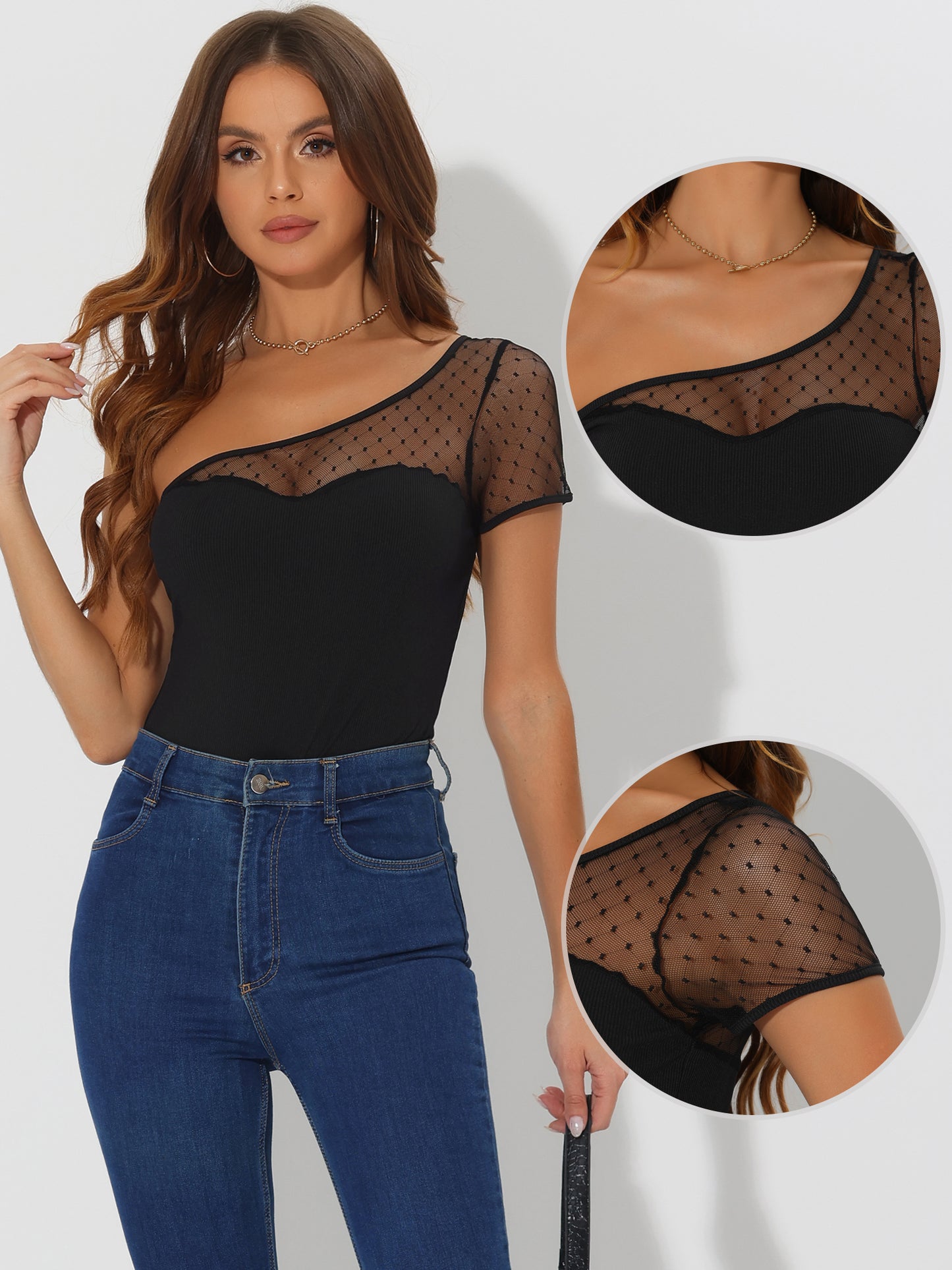 Women's Sheer Mesh Sleeve Skinny Sexy One Shoulder Sleeveless Bodysuit