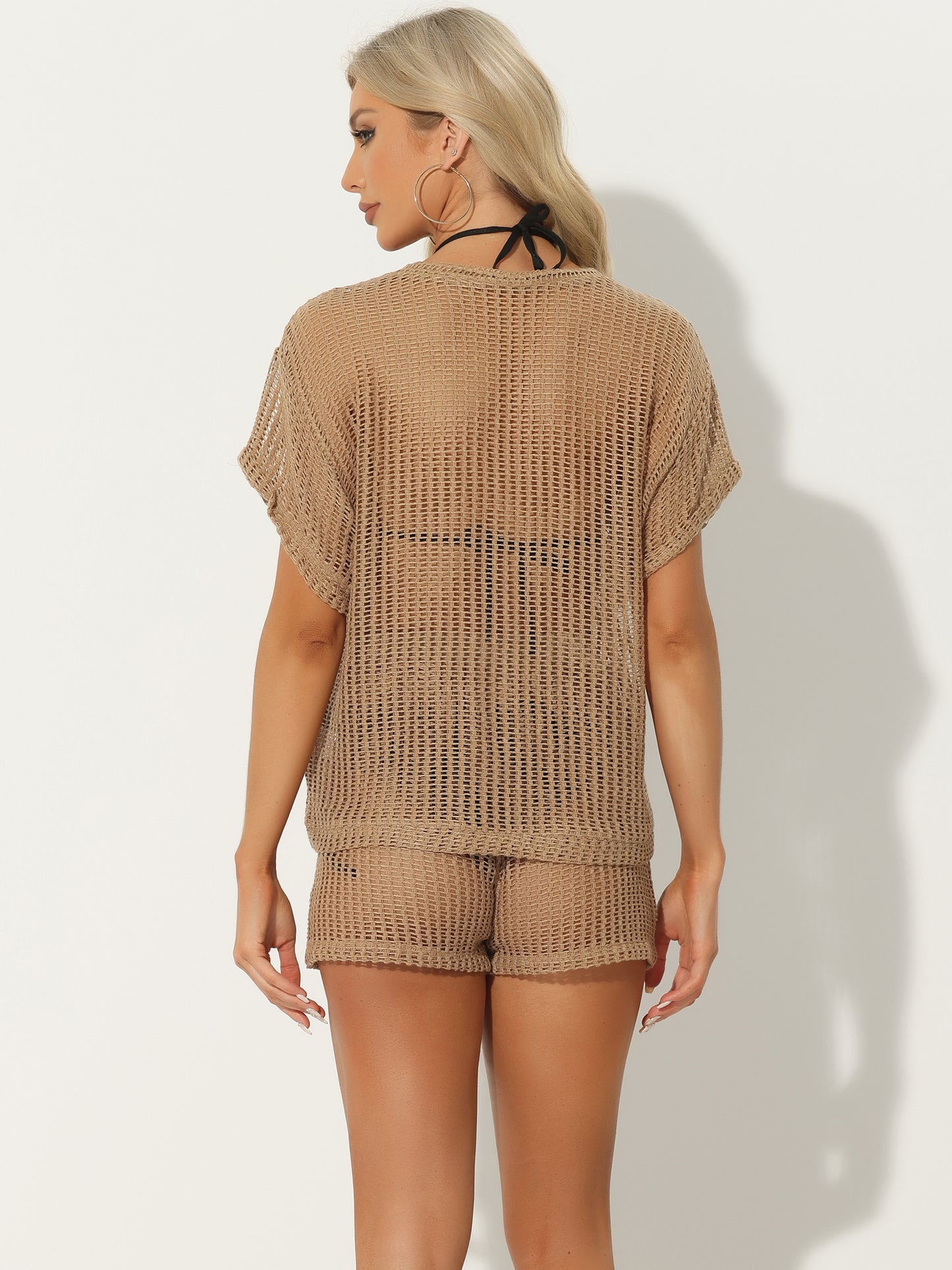 Women's Summer Beach Crochet Hollow Out Top Shorts Set 2 Piece Swimsuit Cover Up