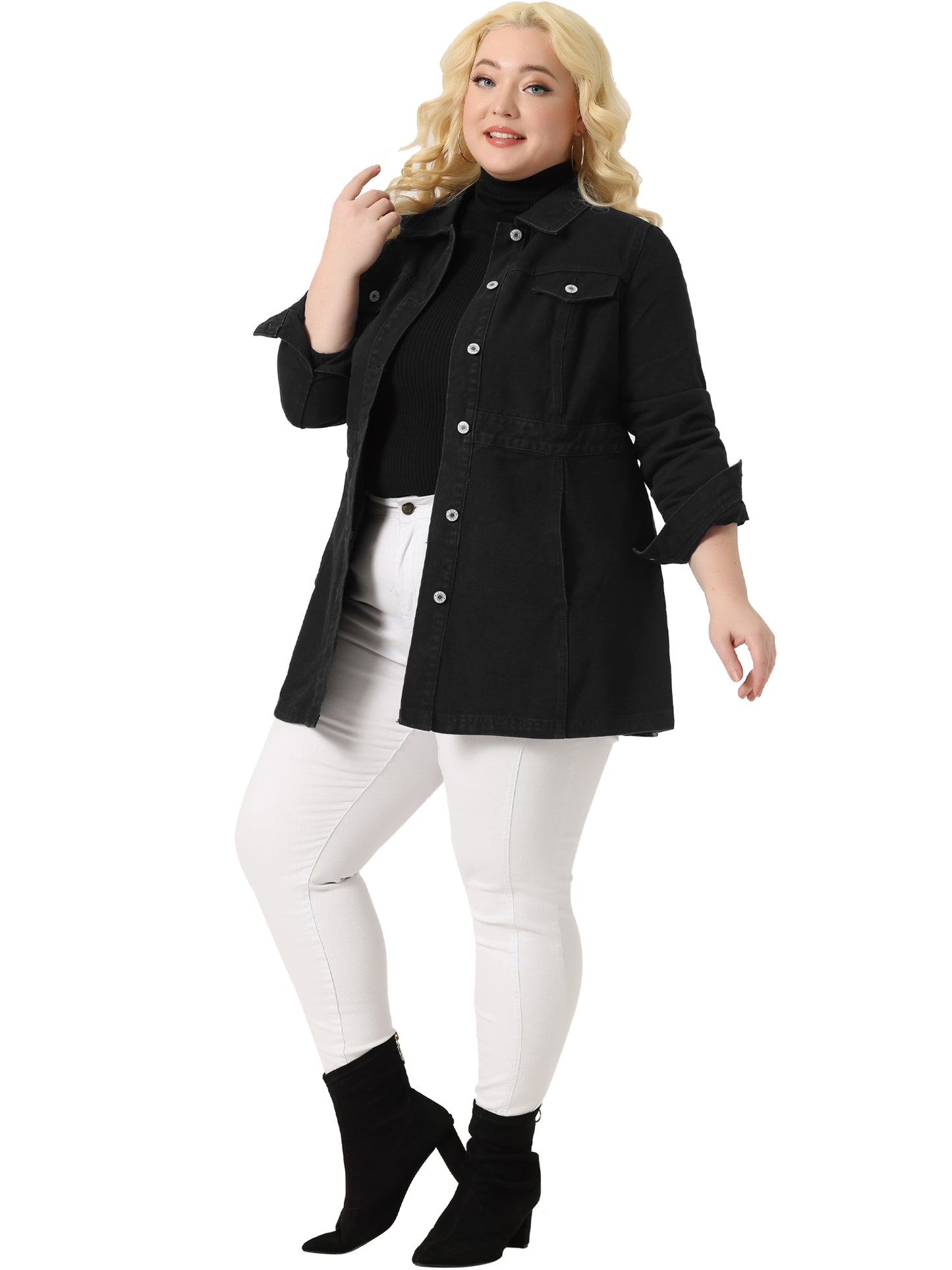 Women Plus Size Denim Jacket Buttons Long Sleeve Jean Jacket