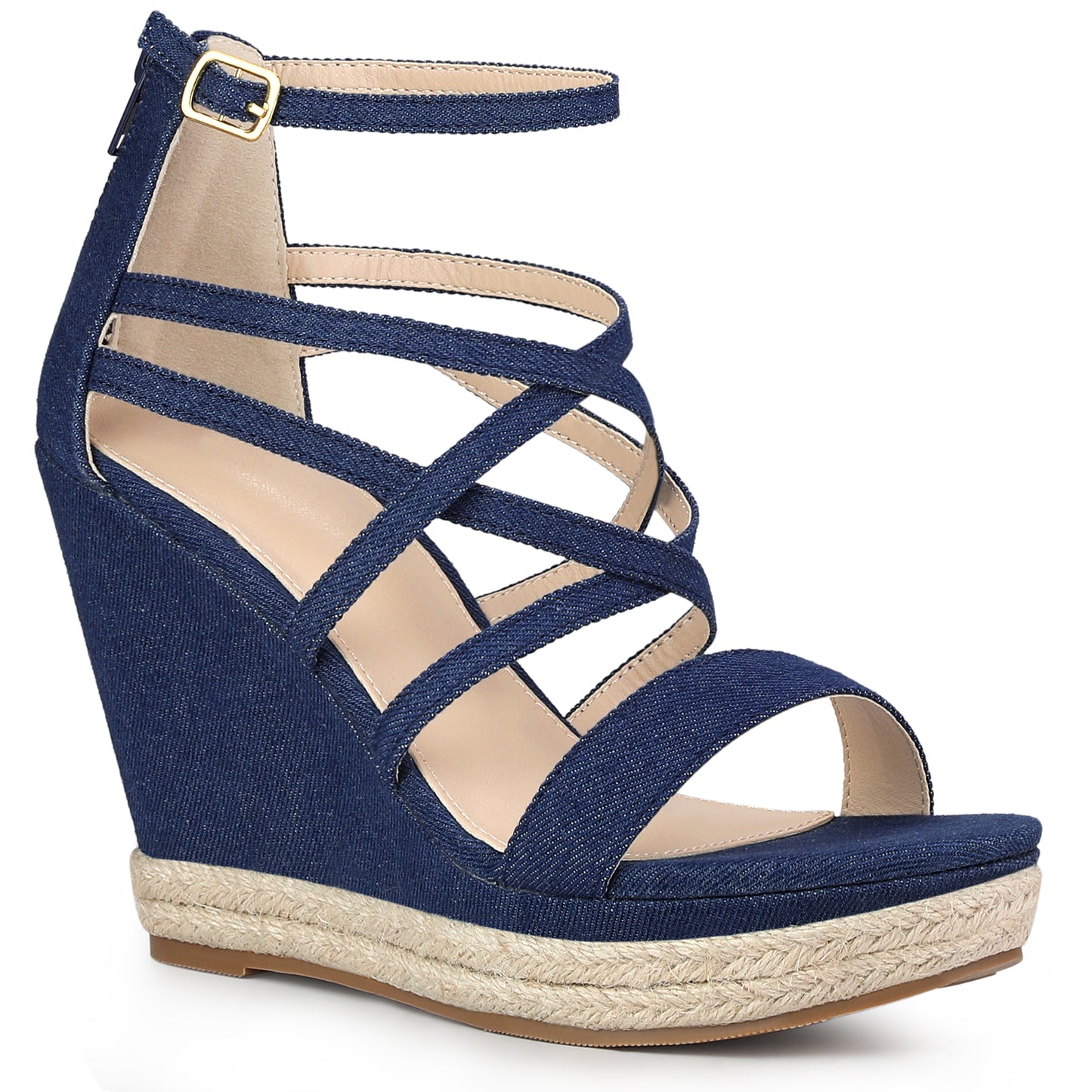 Sandalias de cuña con tiras y plataforma de mezclilla para mujer
