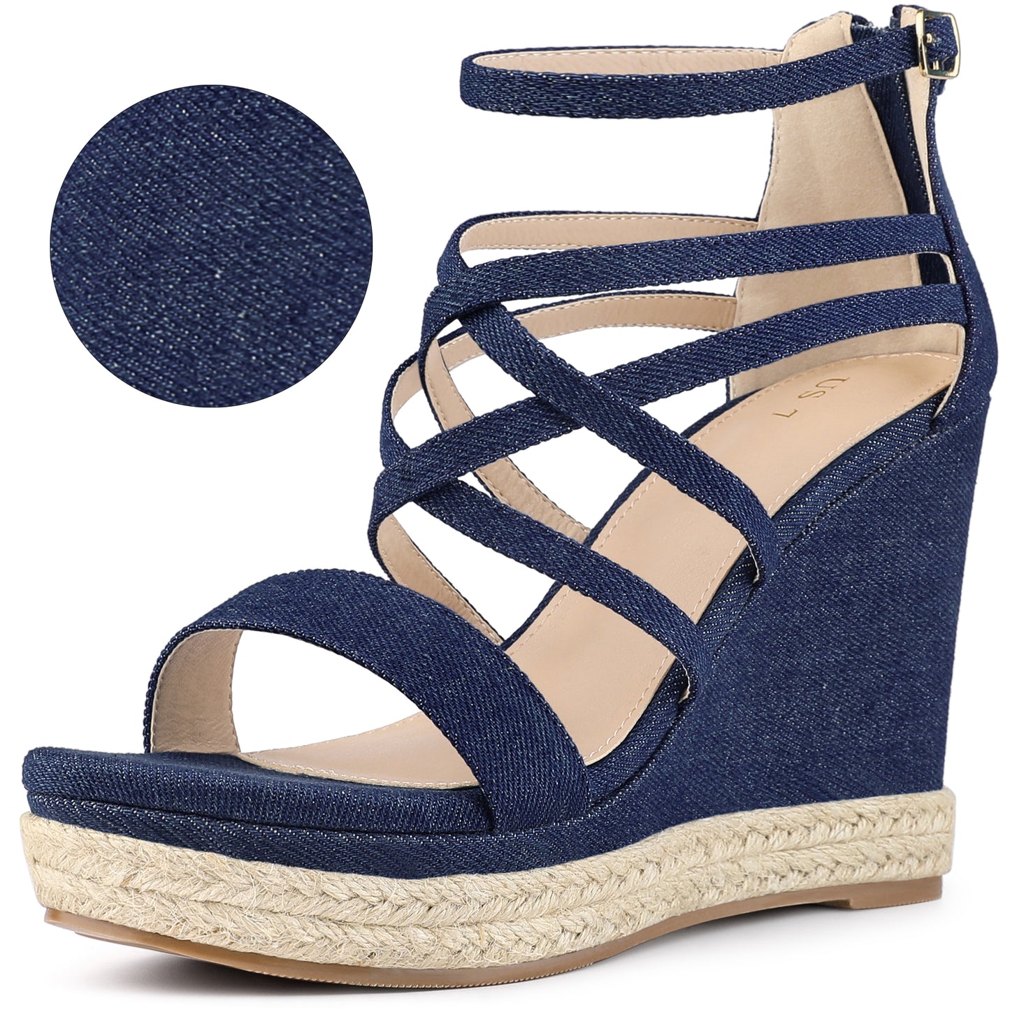 Sandalias de cuña con tiras y plataforma de mezclilla para mujer