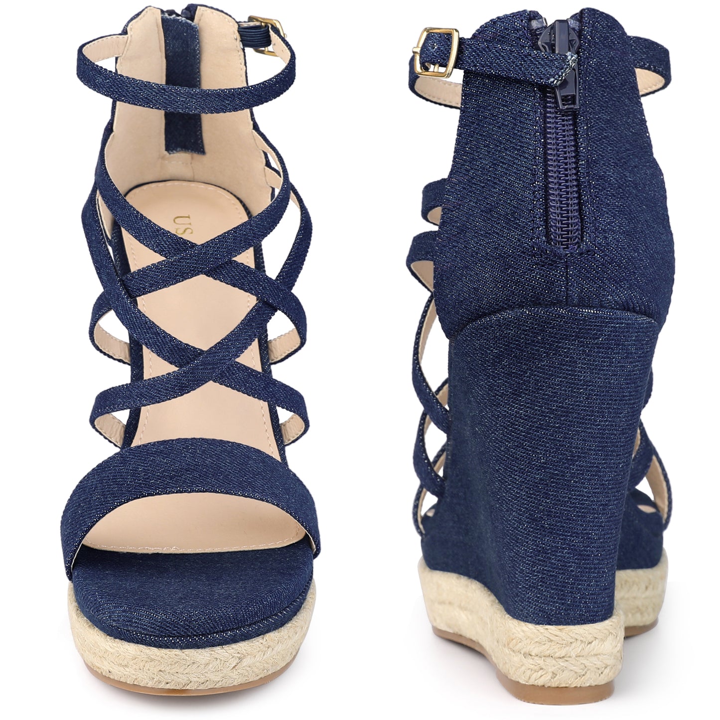 Sandalias de cuña con tiras y plataforma de mezclilla para mujer