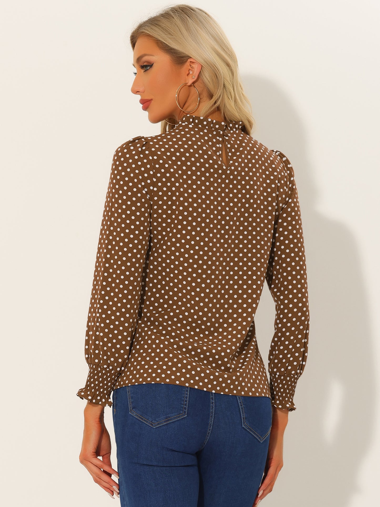 Women's Printed Ruffled Mock Neck Puff Long Sleeve Blouse Top