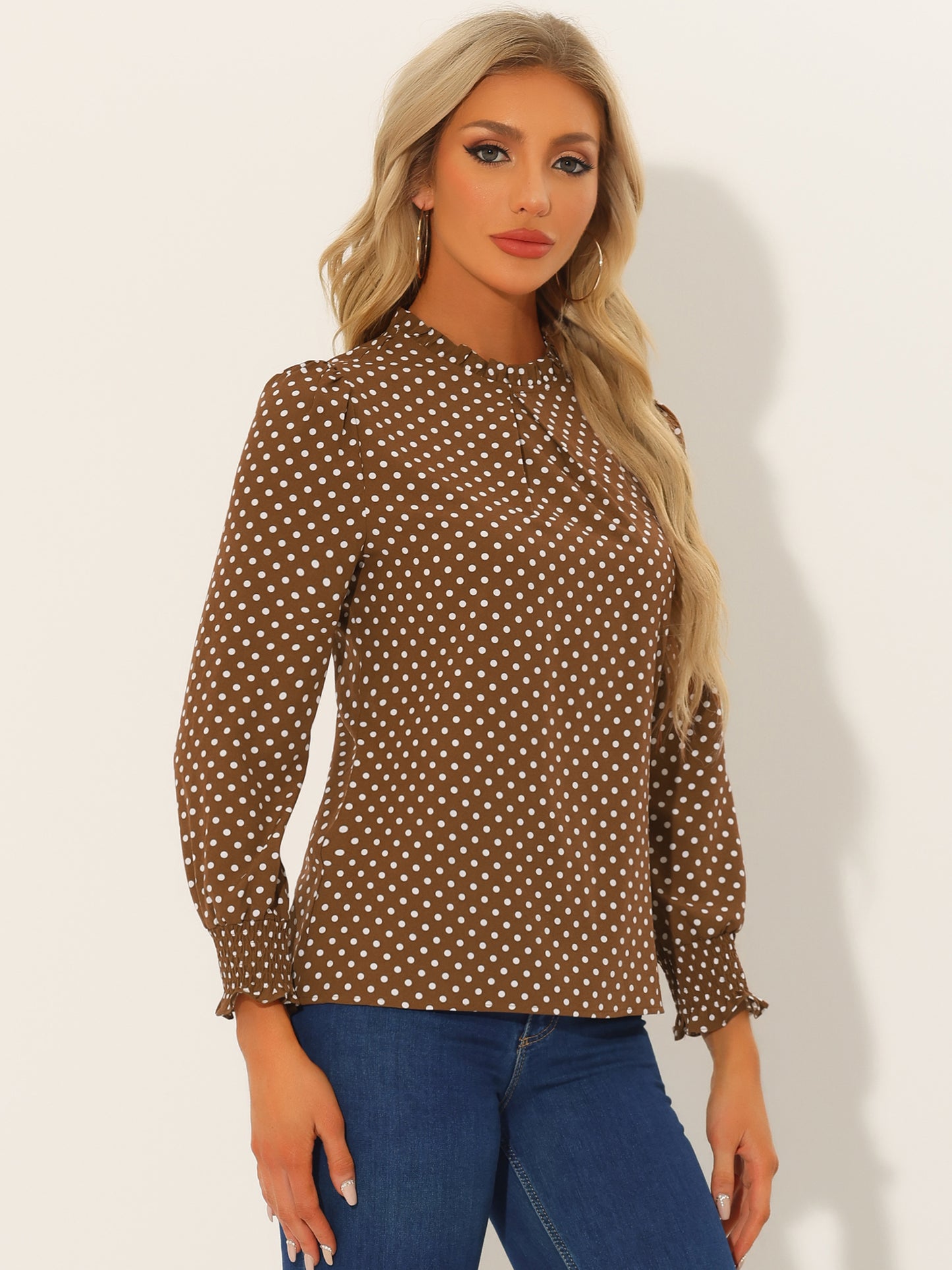 Women's Printed Ruffled Mock Neck Puff Long Sleeve Blouse Top
