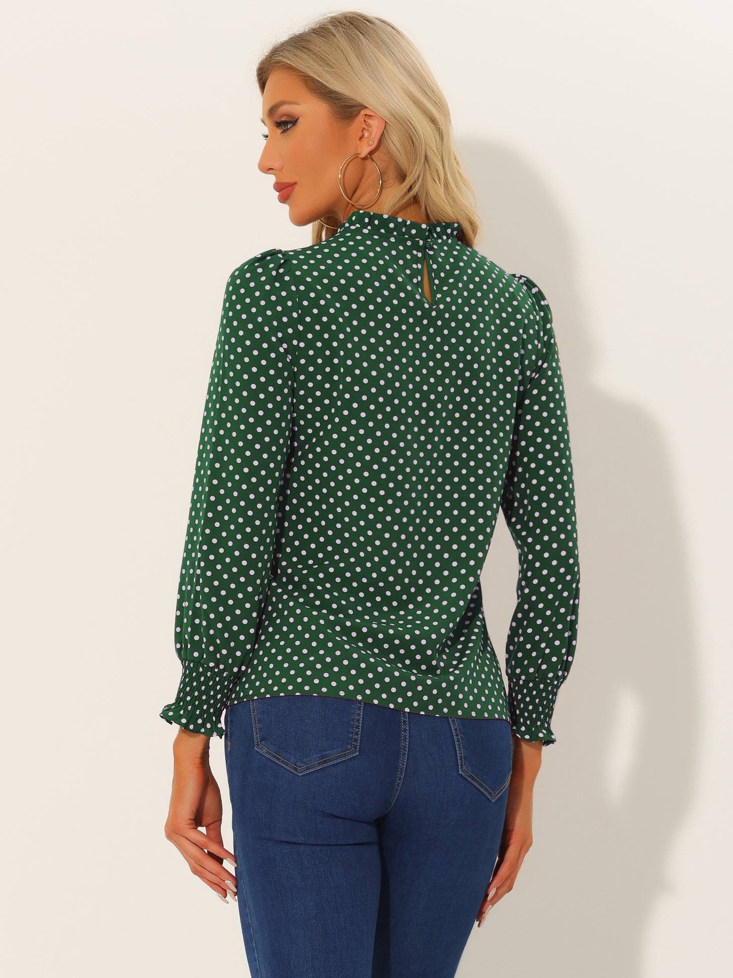 Women's Printed Ruffled Mock Neck Puff Long Sleeve Blouse Top