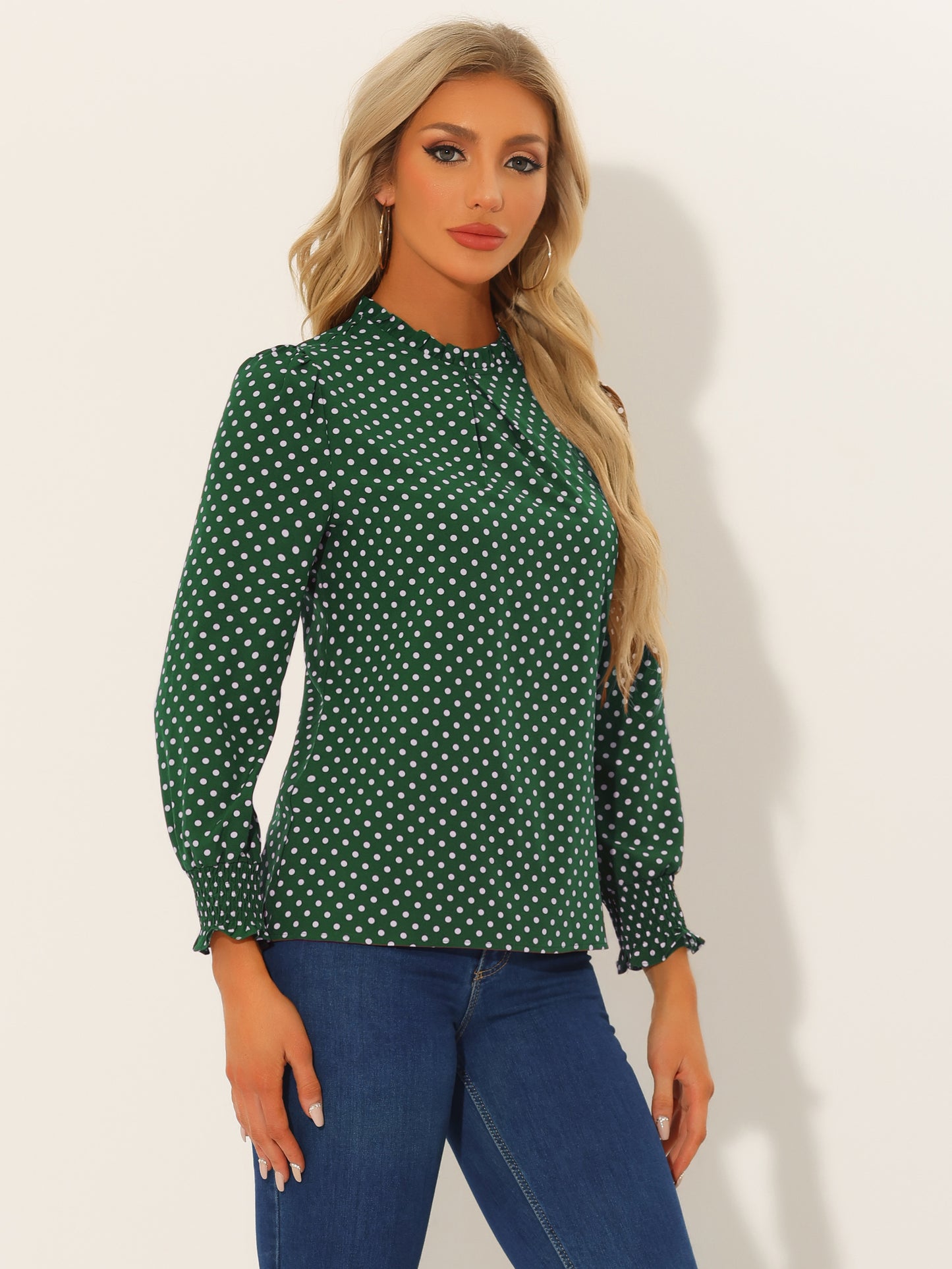Women's Printed Ruffled Mock Neck Puff Long Sleeve Blouse Top