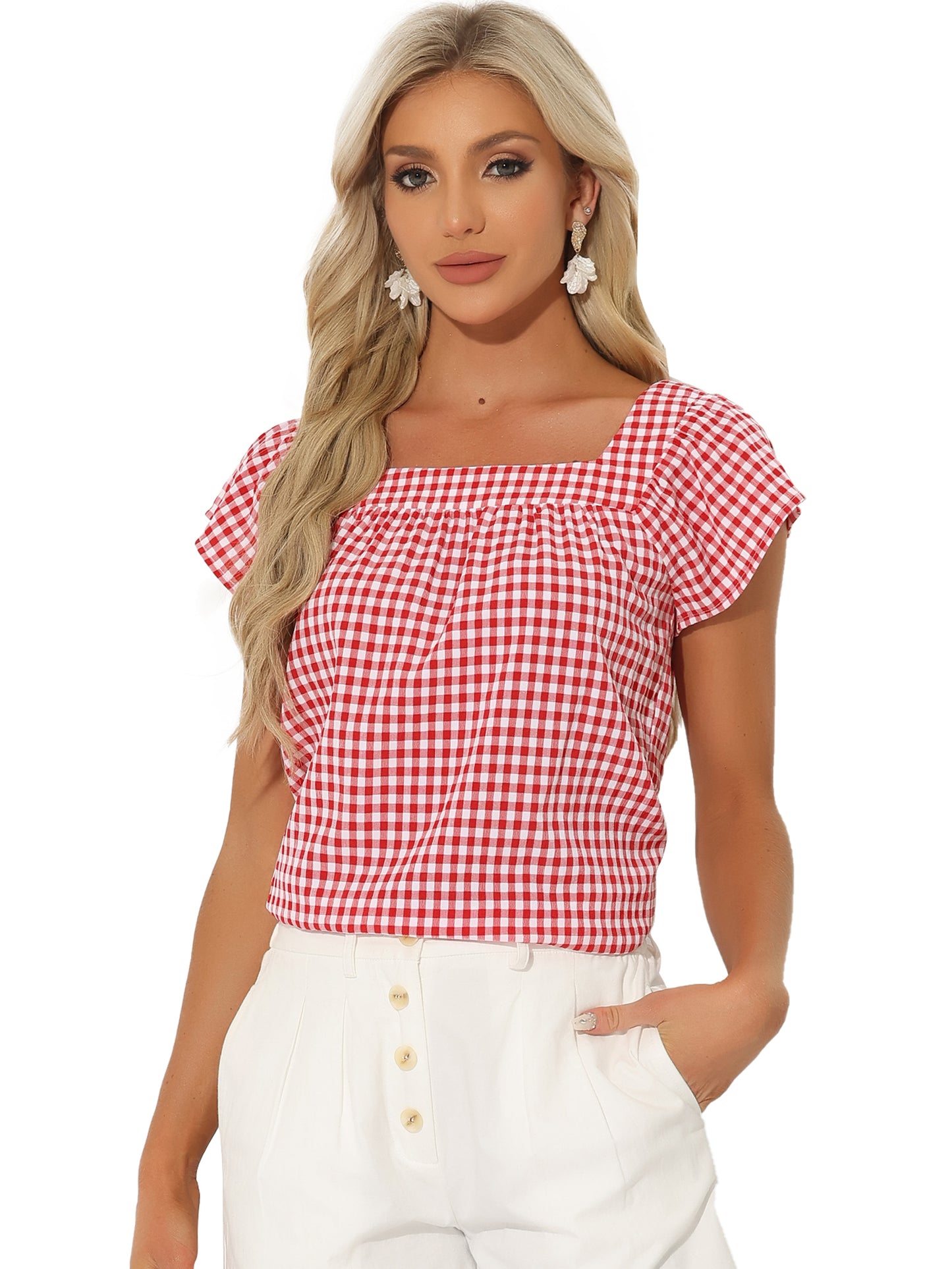 Women's Cap Sleeve Summer Square Neck Gingham Blouse Top