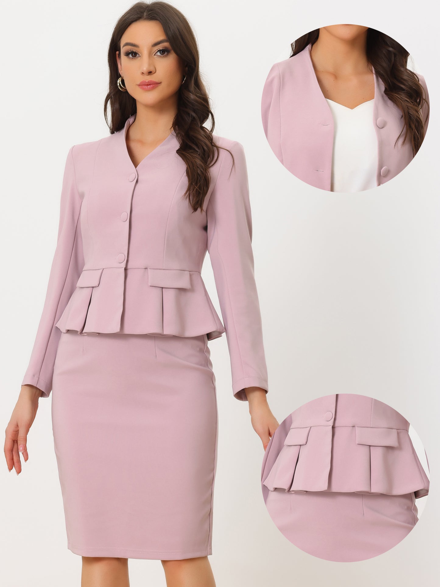 Women's Business 2 Piece Suit Set Long Sleeve Collarless Peplum Blazer Pencil Skirt