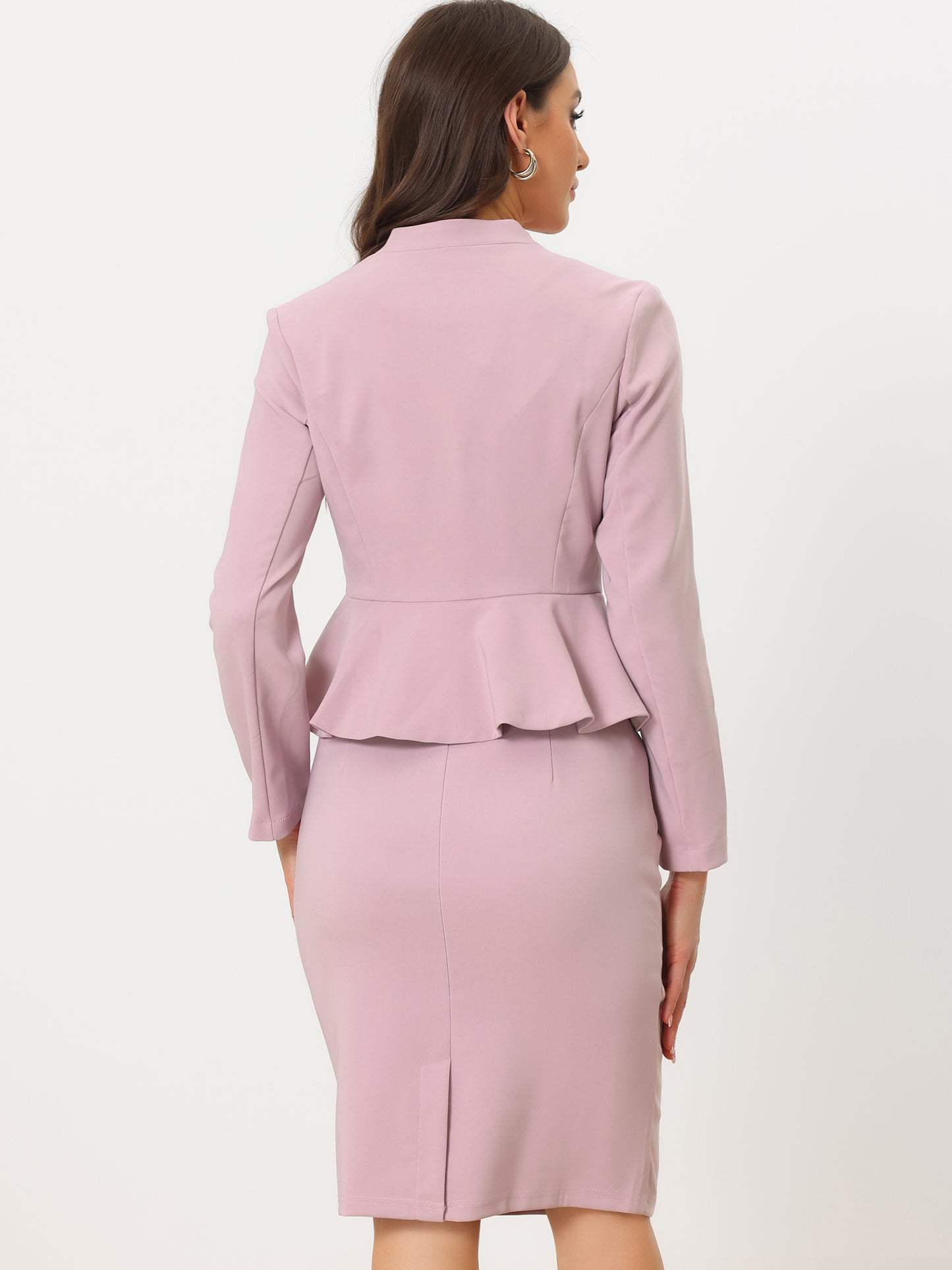Women's Business 2 Piece Suit Set Long Sleeve Collarless Peplum Blazer Pencil Skirt