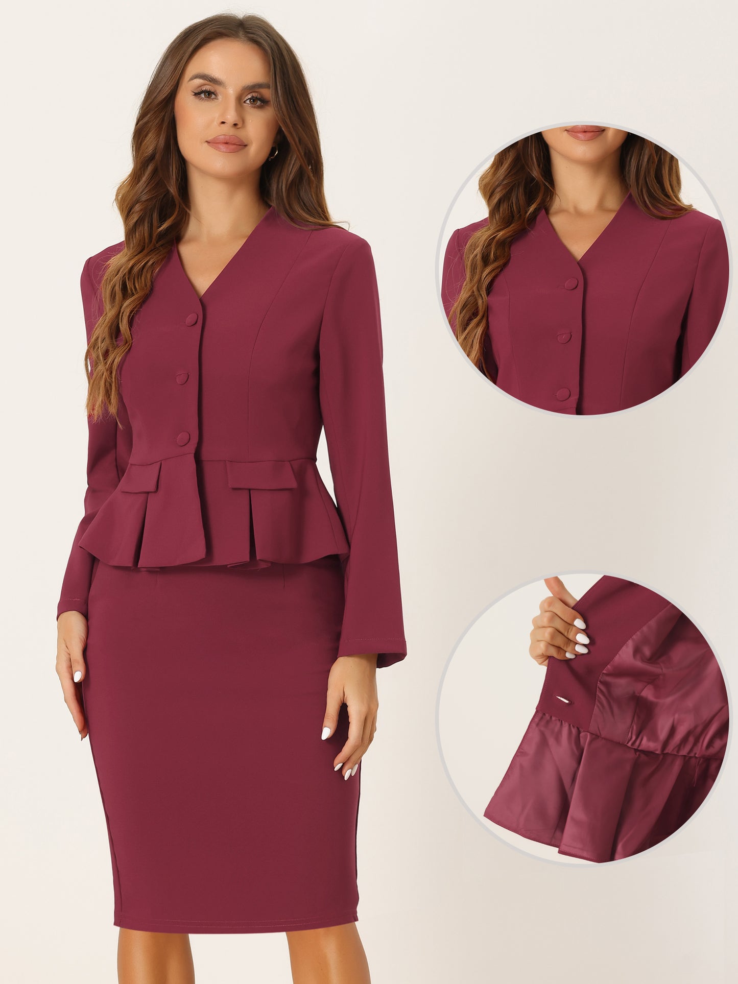 Women's Business 2 Piece Suit Set Long Sleeve Collarless Peplum Blazer Pencil Skirt