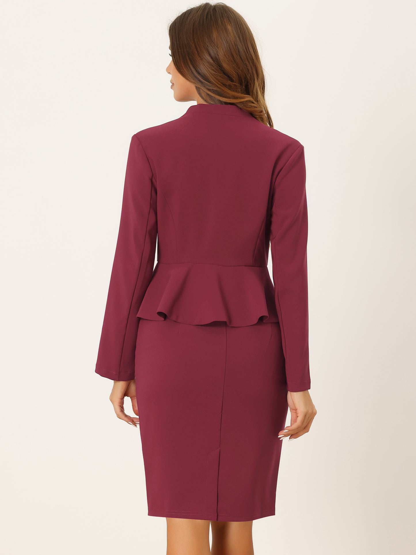 Women's Business 2 Piece Suit Set Long Sleeve Collarless Peplum Blazer Pencil Skirt