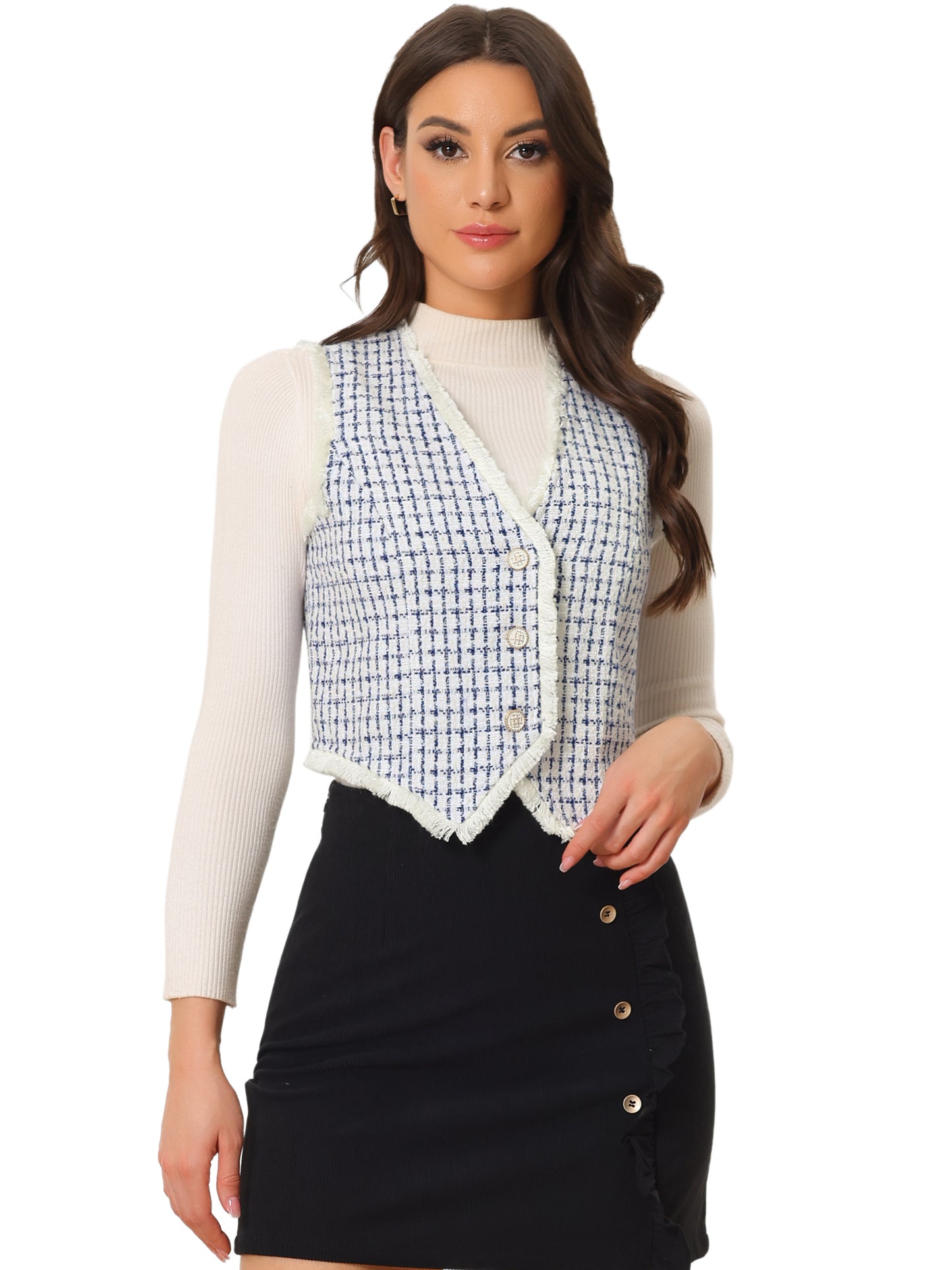 Women's Plaid Waistcoat Fringe Trim Tweed Suit Vest