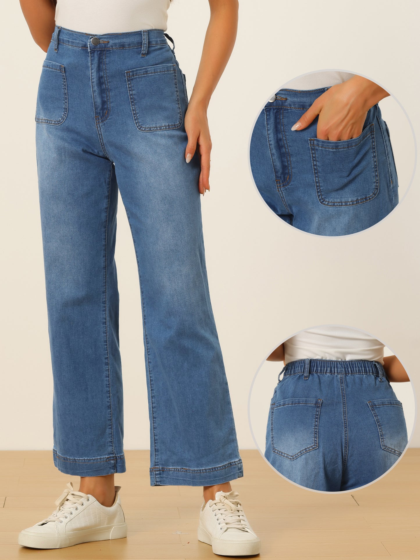 Women's Wide Leg Jeans High Waisted Stretchy Straight Leg Jeans Buttoned Loose Denim Pants