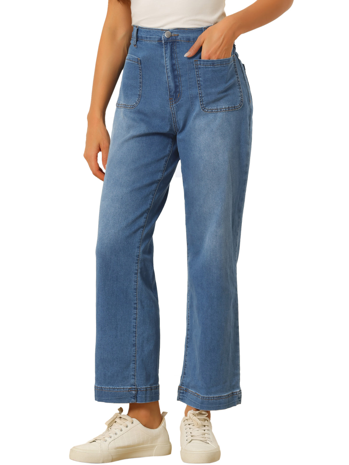 Women's Wide Leg Jeans High Waisted Stretchy Straight Leg Buttoned Loose Denim Pants