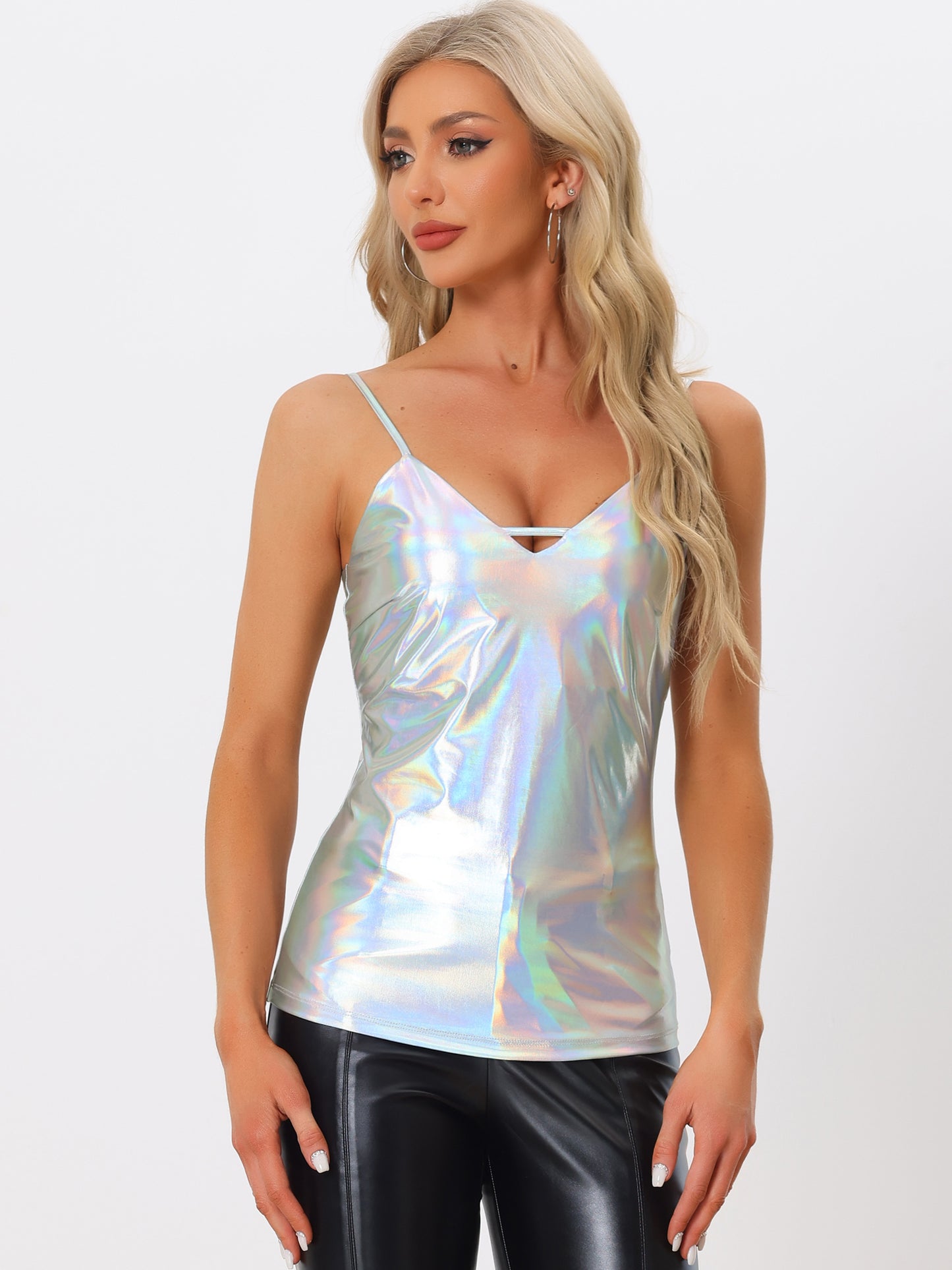 Women's Metallic Shiny Party Tank Top Deep V Camisole Top
