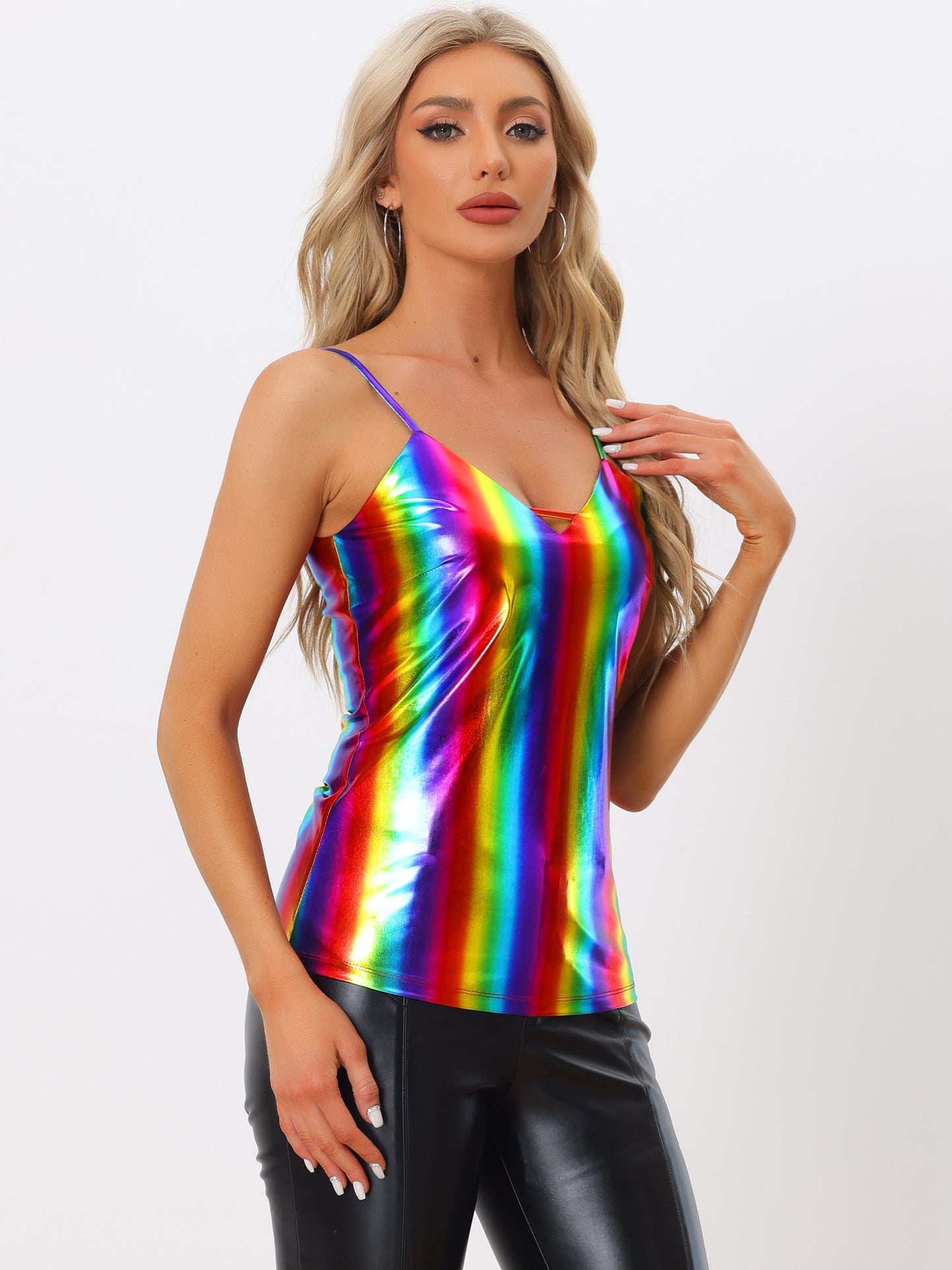 Women's Metallic Shiny Party Tank Top Deep V Camisole Top